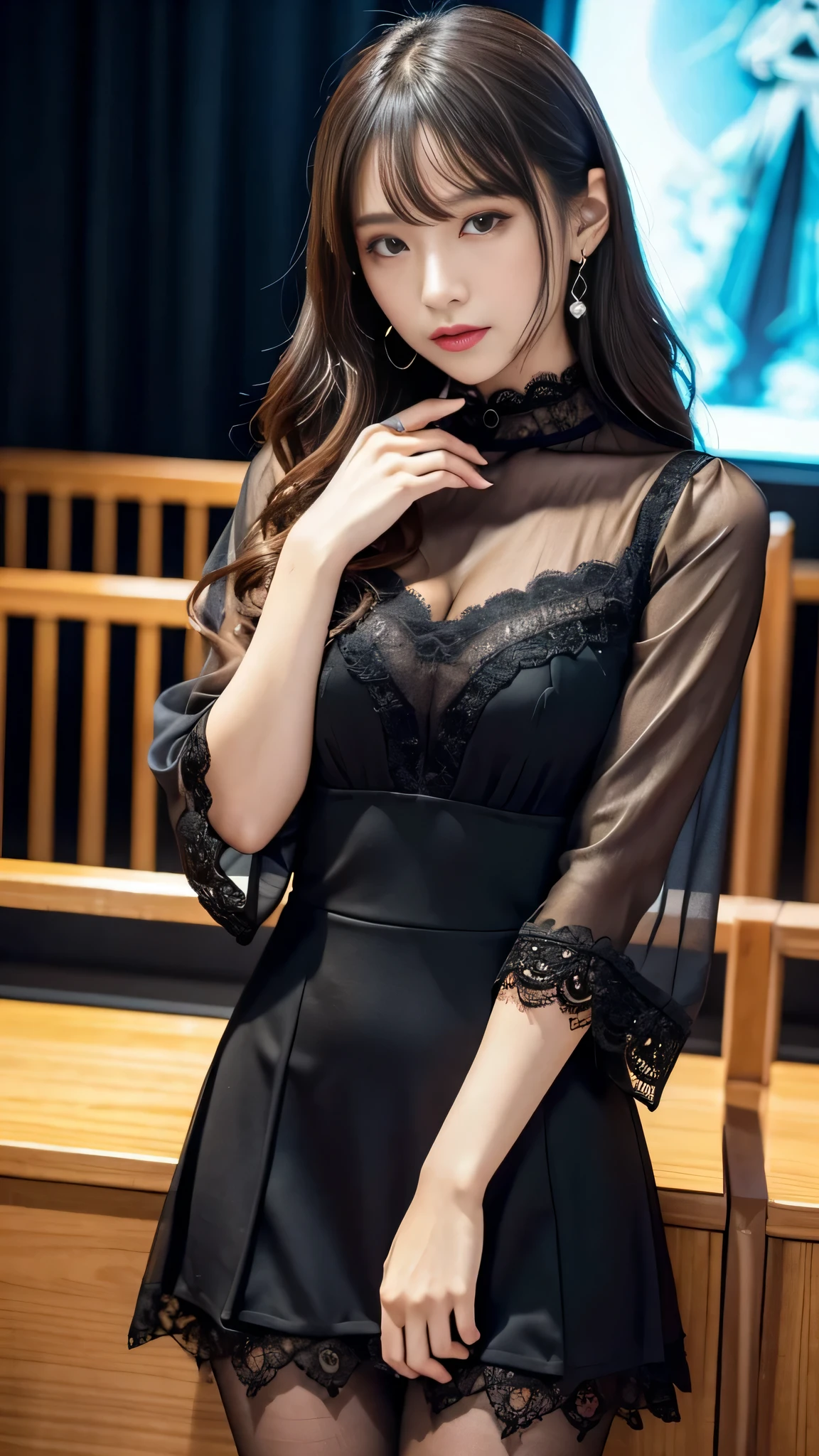 Super detailed、Japanese、charming beauty、seductive adult woman、Dainty woman、sharp eyes、cool girl、wavy hair、suit、Black chiffon、lacy fabric、wide sleeve、wearing a lace insert dress、white blouse、Tight Skirt、skin color pantyhose、Shiny legs、evilの幹部、evil depravity、brainwashing、Mind control、lipstick、grin、邪evilなな表情、evil、empty eyes、邪evilな、Church at night、reach out