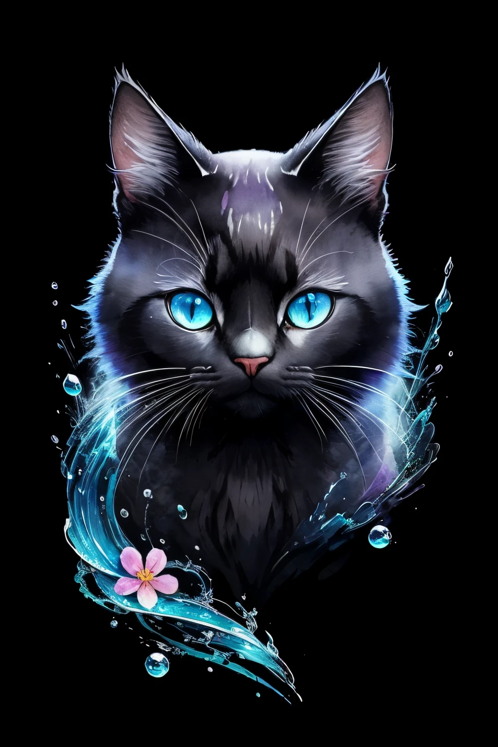 ((animal,watercolor painting,Cat,黒Cat,cute)),模様のないCat,かわいい黒いふわふわの子Cat,colorful flower art,blue eyes, mouth open, indoor,front view, action shot, Bright colors, high detail, logo design, Neo-Traditional Tattoo Styles, 2D, planar vector, Character Design, fantasy art, watercolor paintingのテクニック,watercolor effect, Watercolor abstract, glitter effect,colorful, 花びらに浮かぶ優しいwater droplets,The moon is shining,star, water droplets,shine,digital painting, pop,fancy, sticker