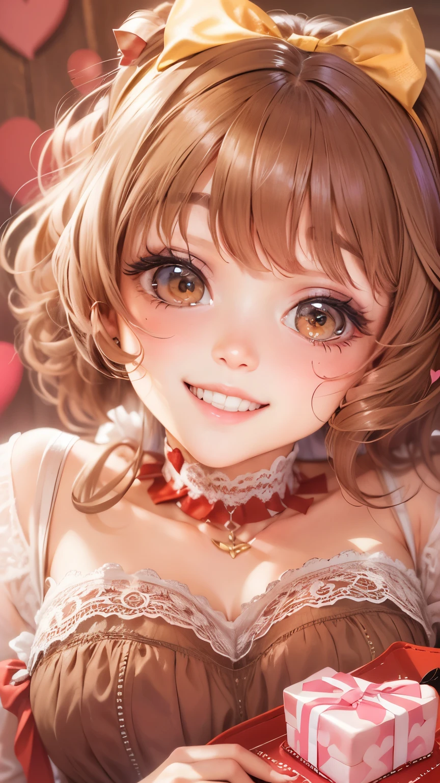 valentine chocolate gifts、realistic、1 girl、cleavage、light brown hair、smile