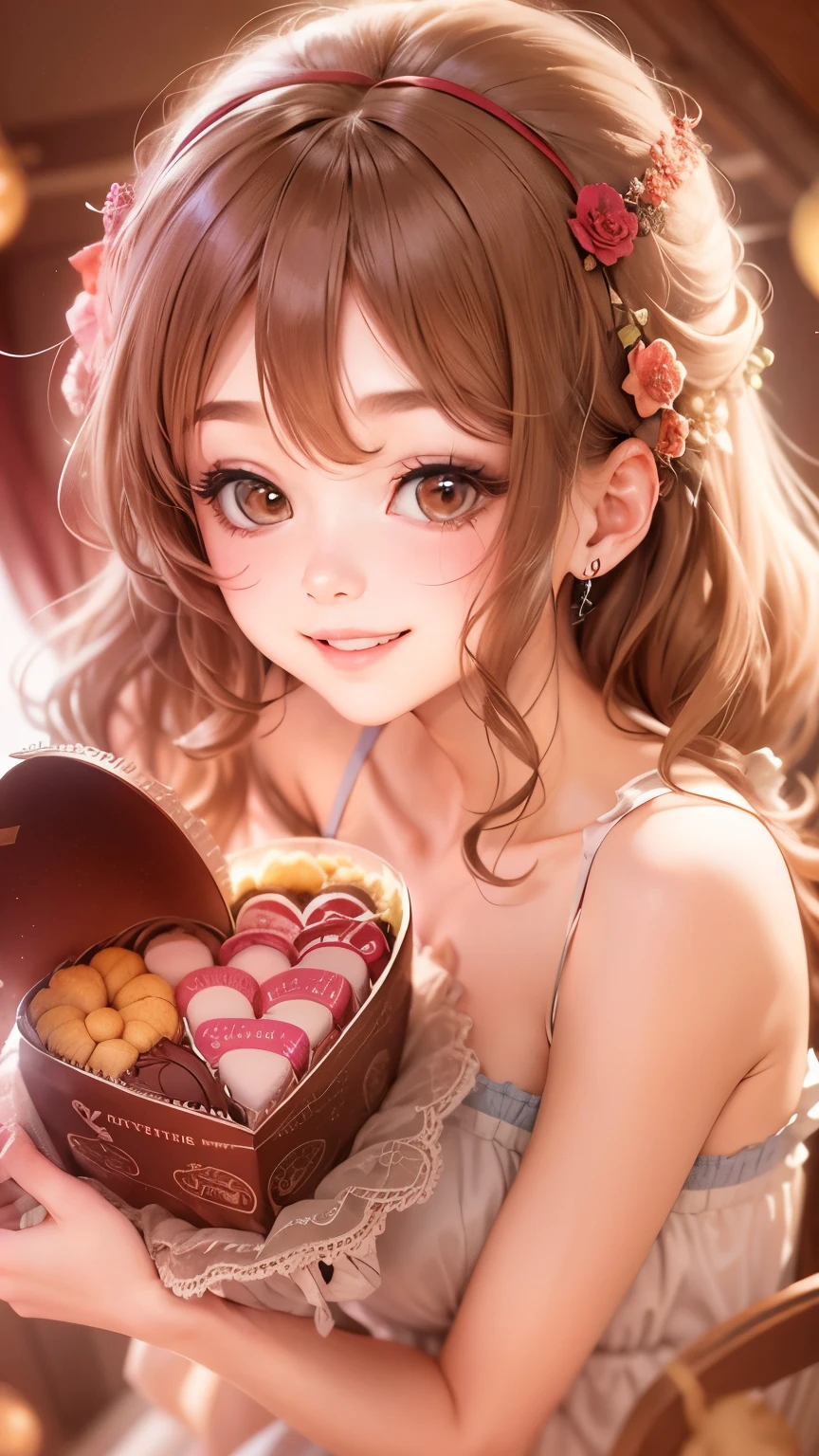 valentine chocolate gifts、realistic、1 girl、cleavage、light brown hair、smile