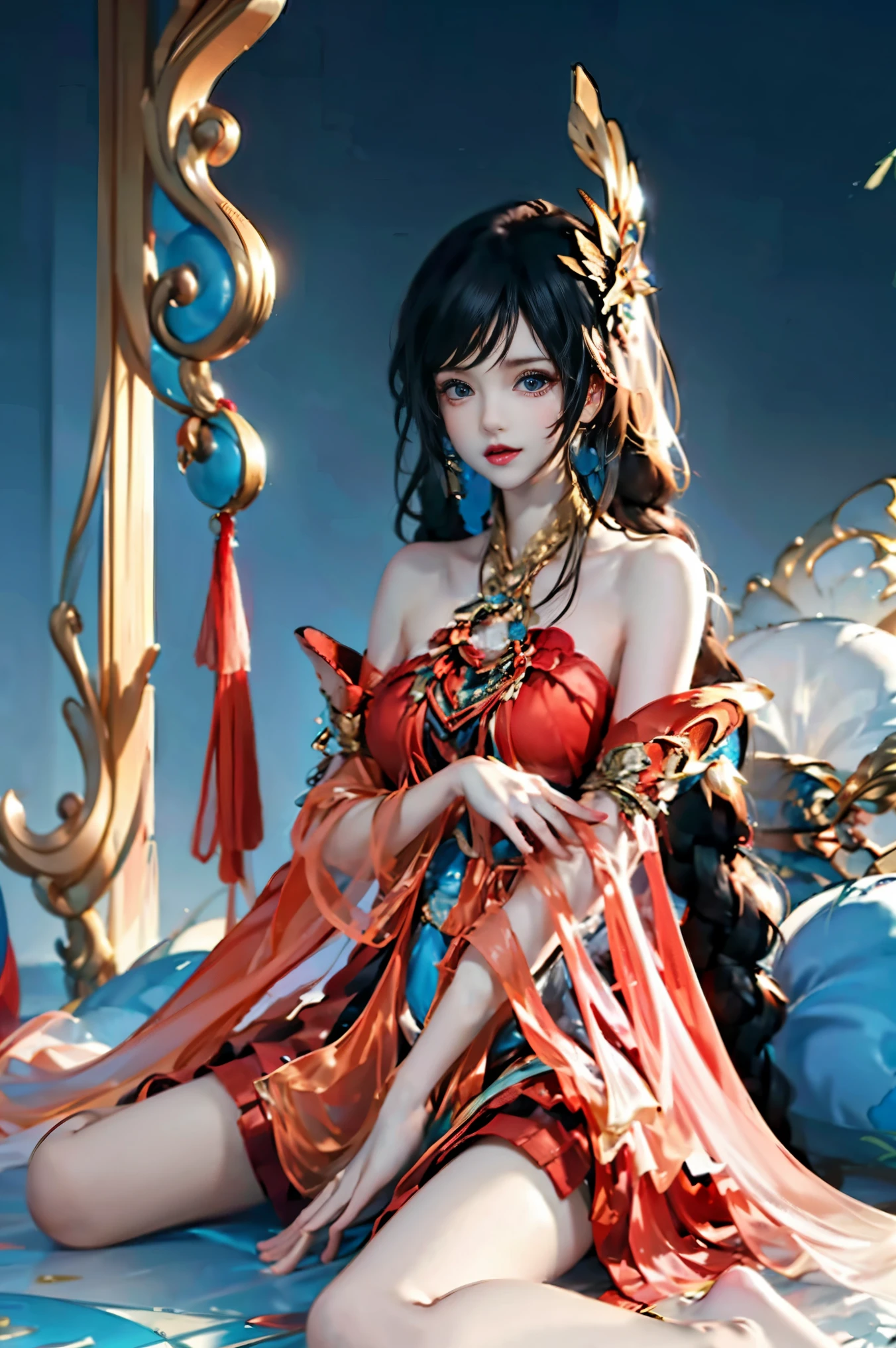 girl, Young and beautiful, tall and beautiful,Bridge, Red clothes, Red_skirt,High heel,Raise your legs high,Upper body, Anklet, barefoot, jewelry, alone, braid, sitting, black hair, bracelet,((((spread legs)))),(((Ultra-thin legs))),
proportionate,Surreal,((White gloves)), faint smile,