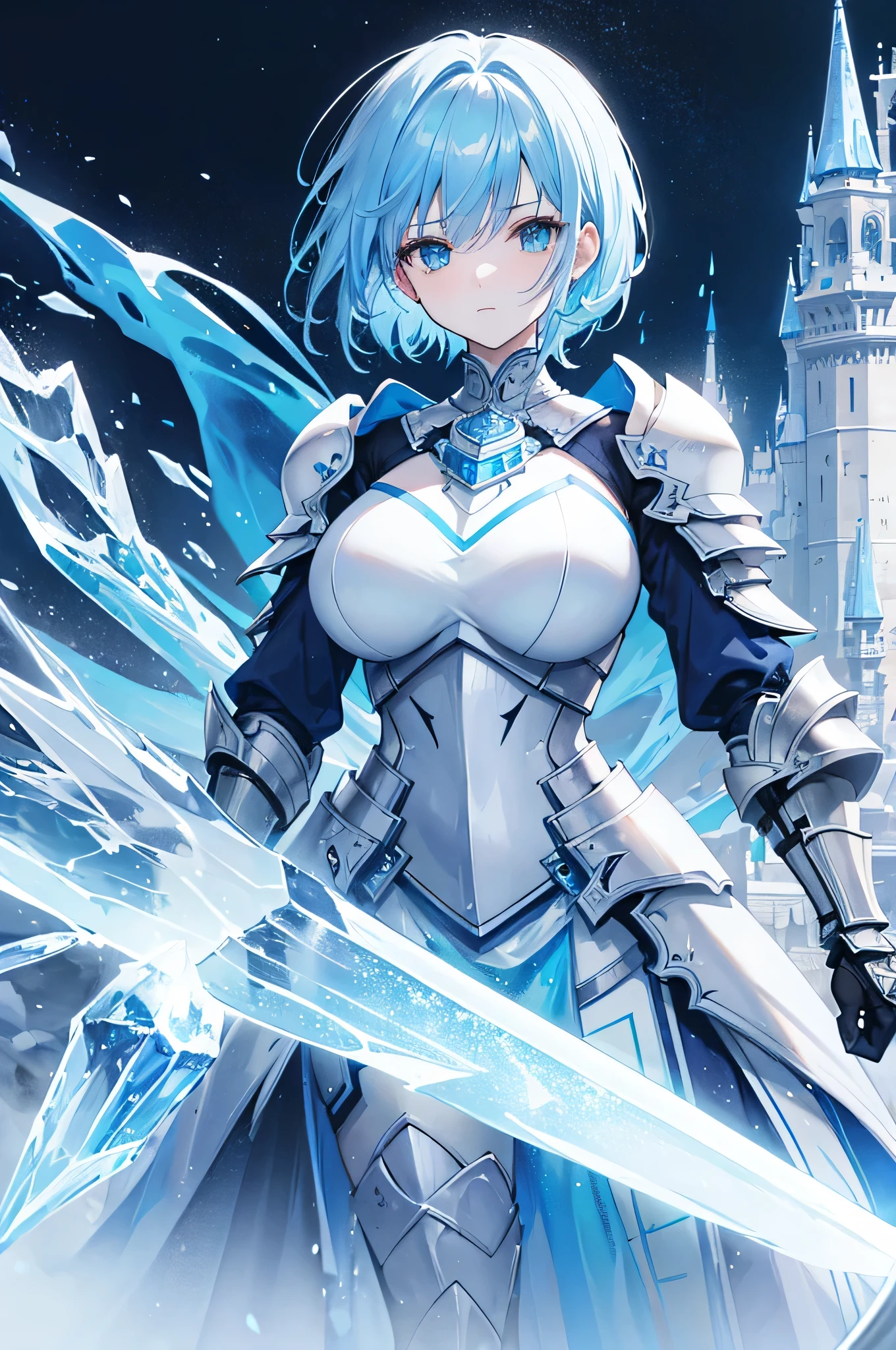 4K,High resolution,one woman,light blue hair,short hair,knight,Ice Crystal Heavy Armor,Ice Sword,Castle made of ice