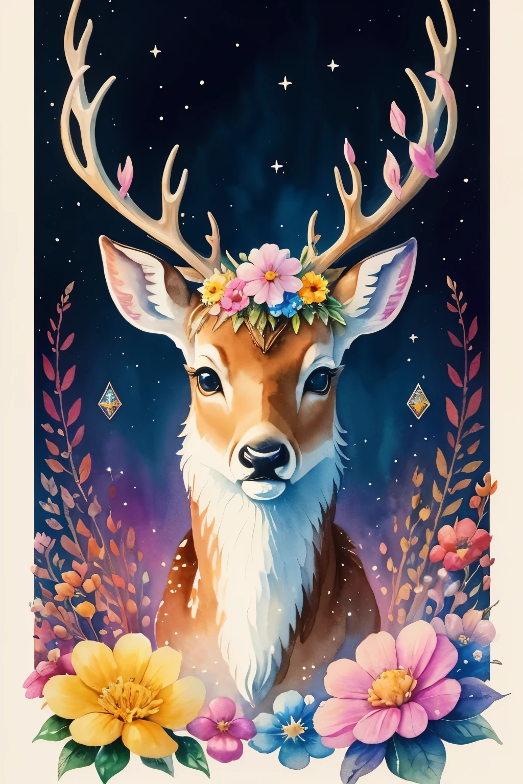((animal,watercolor painting,deer, deer)),Bambi,cute,adorable,colorful flower art ,flower crown on head,front view, action shot, Bright colors, high detail, logo design, Neo-Traditional Tattoo Styles, 2D, planar vector, Character Design, fantasy art,watercolor paintingのテクニック, watercolor effect, glitter effect,colorful, Gentle water droplets floating on the petals,star, shine,tarot cards,digital painting, pop,fancy, sticker