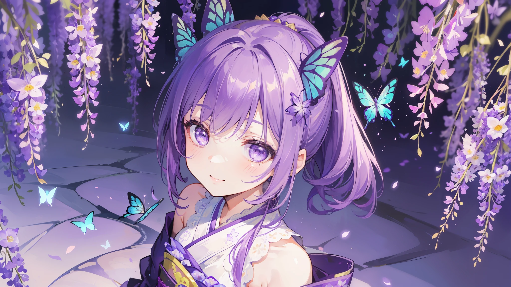 (32k), ((cute girl)), (hight quality), (high-level image quality), (smile), (hight quality wisteria flowers background), (32k background), (wisteria trellis), 
(purple short ponytail), (purple eyes), (18 years old), (illustration), (purple light particles), (purple kimono), (purple Japanese clothes), (((from above))), (32k), (beautiful cute girl), (butterfly ornament), (butterfly dress), ((many butterflies)), (((background of many flowers
))), (((bright background))), (beautiful world), (cute world), (smile), 