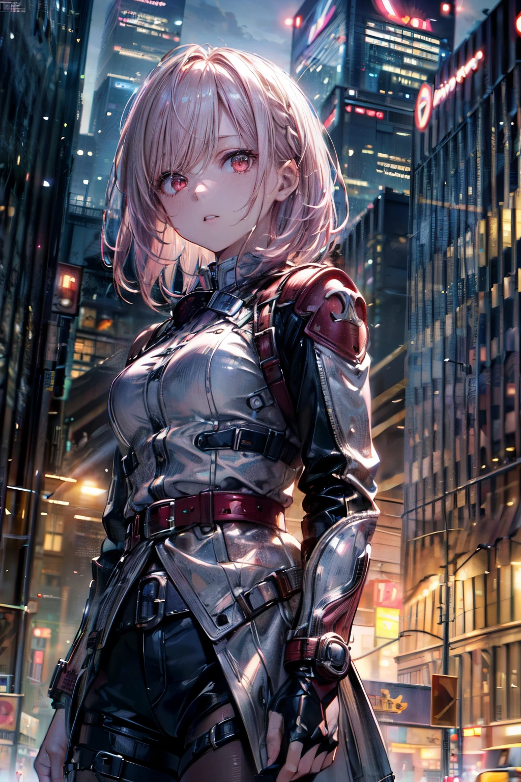 pink hair, (official art、highest quality、Unity 8k wallpaper、32K、​masterpiece、super detailed、超A High resolution、realistic、Photoreal:1.2)、(cinematic lighting:1.2), High resolution, (masterpiece: 1.4), Super detailed, one girl, platinum blonde, medium hair, red eyes, windows on the facade of a skyscraper, cowboy shot,