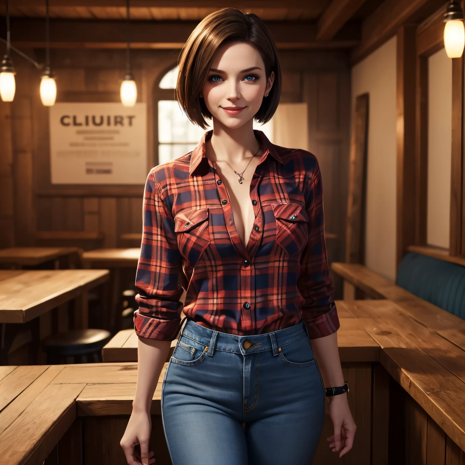 Jill Valentine, blue eyes, short straight hair, cute, jeans, red flannel shirt, mischievous grin, eye brow raised, tavern