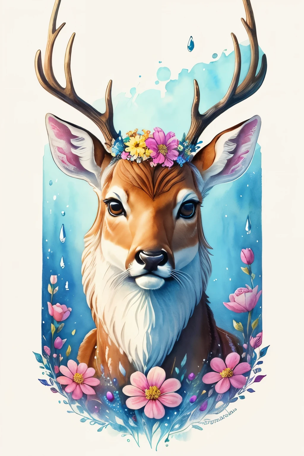 ((animal,watercolor painting,deer, deer)),Bambi,cute,adorable,colorful flower art ,flower crown on head,front view, action shot, Bright colors, high detail, logo design, Neo-Traditional Tattoo Styles, 2D, planar vector, Character Design, fantasy art,watercolor paintingのテクニック, watercolor effect, glitter effect,colorful, Gentle water droplets floating on the petals,star, shine,tarot cards,digital painting, pop,fancy, sticker