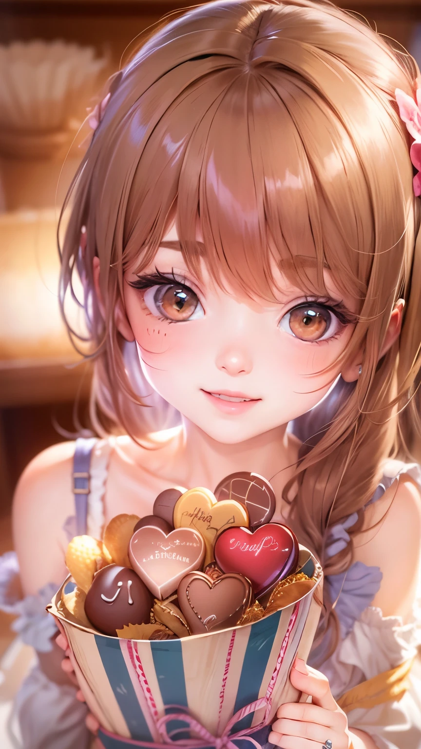 valentine chocolate gifts、realistic、1 girl、cleavage、light brown hair、smile