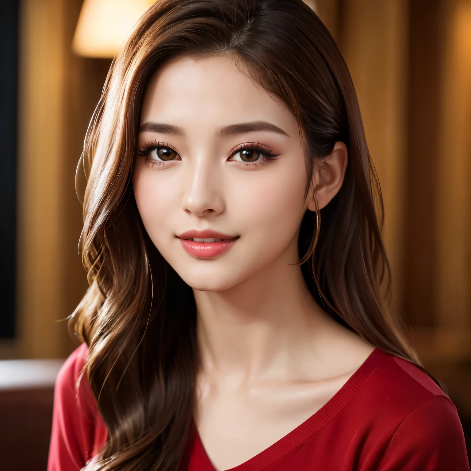 (highest quality、table top、8K、best image quality、Award-winning work)、(1 young girl, 14 years old:1.3)、(Perfect V-neck red long knit sweater:1.2)、(red eyeshadow:1.2)、perfect makeup、long eyelashes、Super high-definition sparkling eyes、ultra high definition hair、Ultra high definition glossy lips、Ultra high definition perfect teeth、Super high definition cute face、brown hair、(Very long wavy hair:1.1)、smile looking at me、[clavicle]、accurate anatomy、(close up of face:1.5)、luxury love hotel、(The most moody warm lighting:1.2)、blurred background