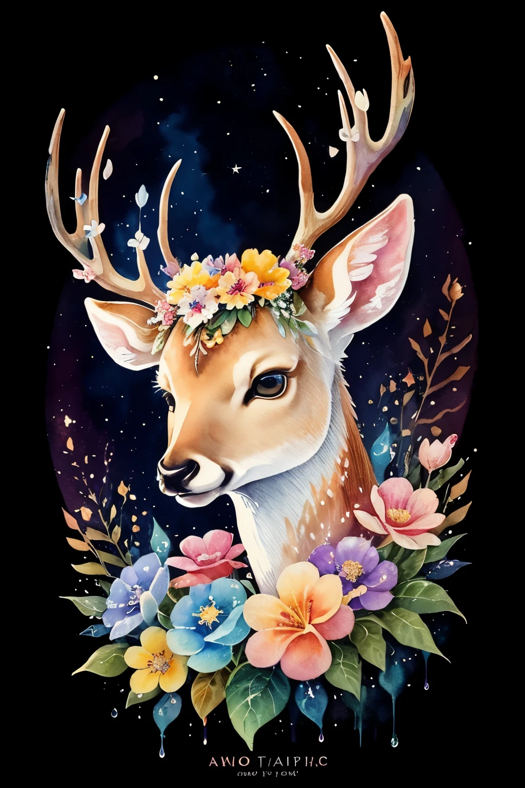 ((animal,watercolor painting,deer, deer)),Bambi,cute,adorable,colorful flower art ,flower crown on head,front view, action shot, Bright colors, high detail, logo design, Neo-Traditional Tattoo Styles, 2D, planar vector, Character Design, fantasy art,watercolor paintingのテクニック, watercolor effect, glitter effect,colorful, Gentle water droplets floating on the petals,star, shine,tarot cards,digital painting, pop,fancy, sticker