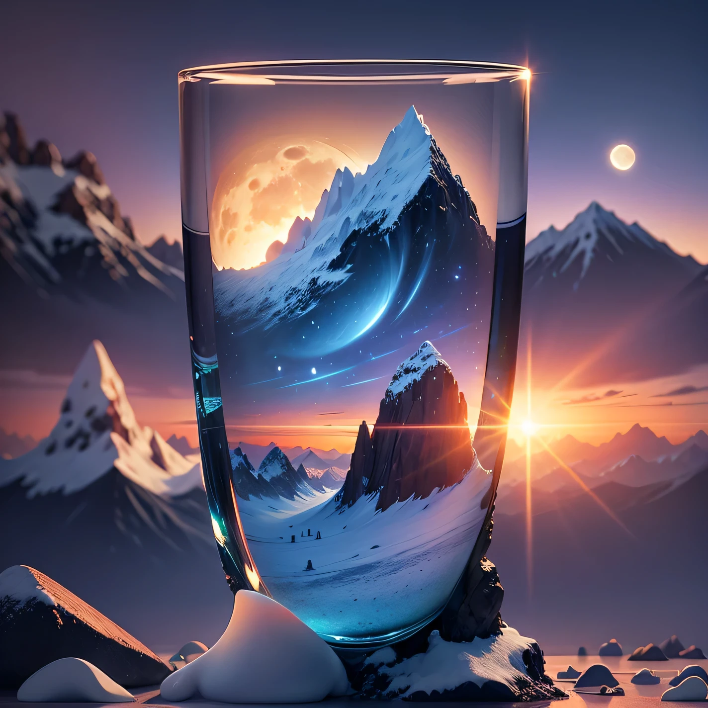 Change this glass background, sun rise, moon rise, ice hill, mountains, penguins, 8k