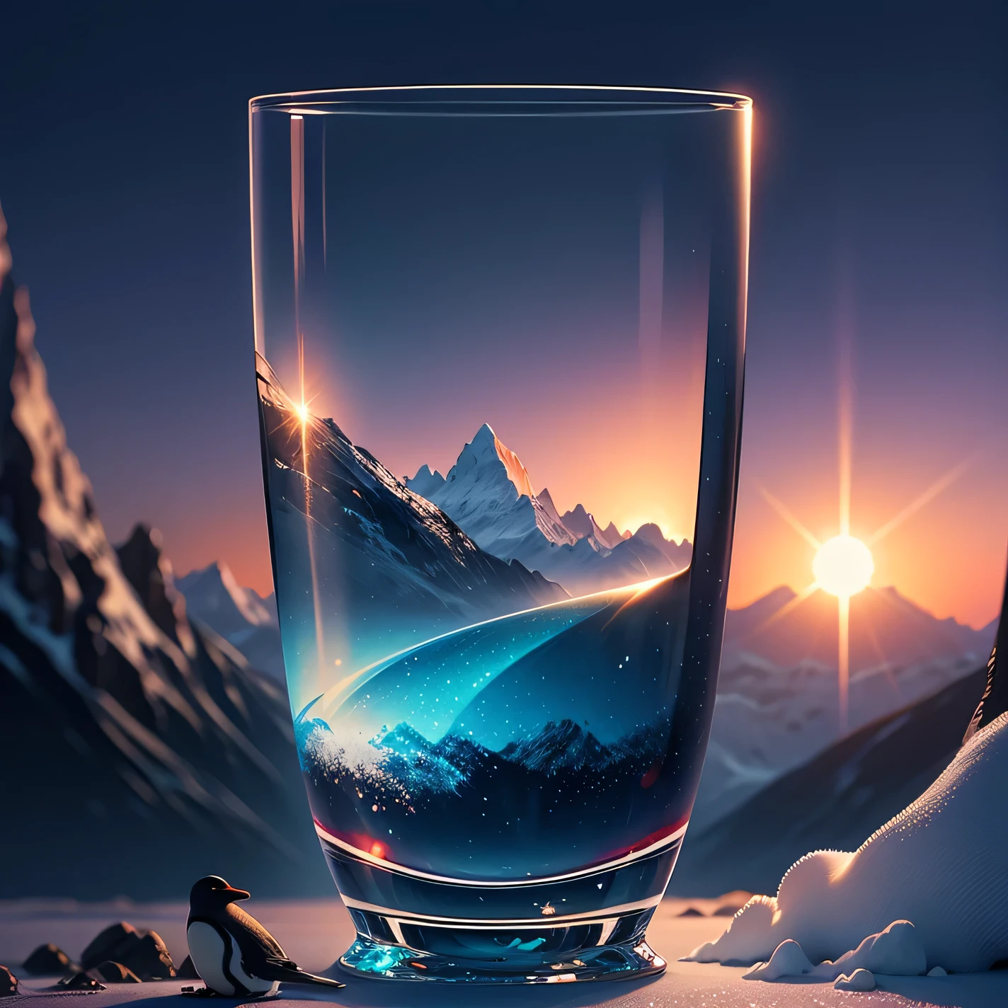 Change this glass background, sun rise, moon rise, ice hill, mountains, penguins, 8k 