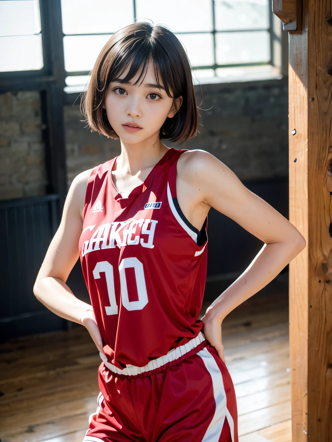 top-quality,.masterpiece,Raw photography,8K,Top image quality,Top resolution,Beautiful face in every detail,Very detailed,Gentle expression,One lady,realisitic,photo realisitic,Bery short hair,Beautuful Women,cute Japanese girls,mannish,Pretty Woman,Her eyes are big,20-year-old beauty,her face is small,small head,long neck,pale skin,Spot-free skin,With bangs,eight heads tall,basketball red uniform,skinny body,Sweat , wet,face focus , leaning forward ,arched back,contrapposto,from side,look at viewer