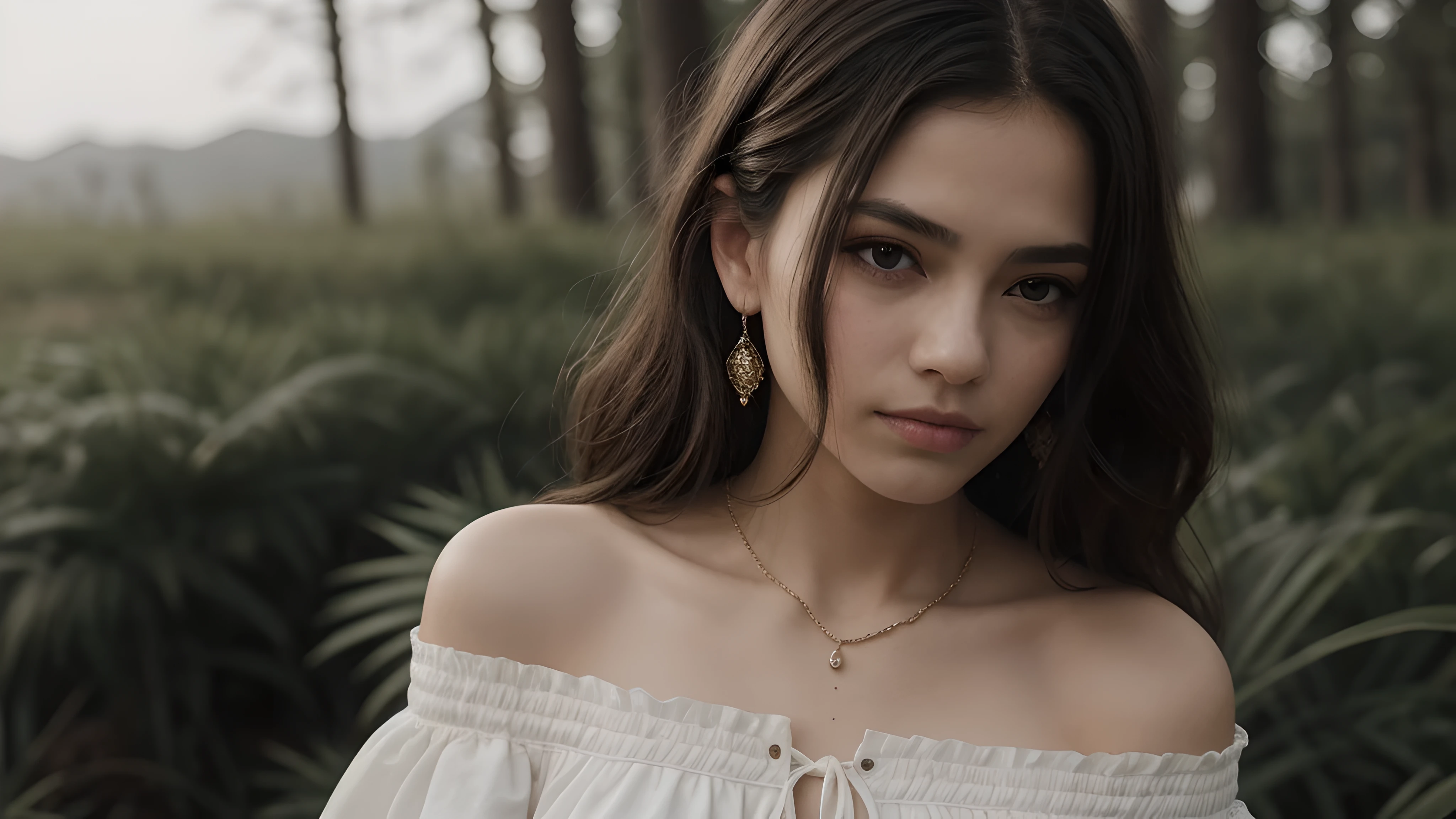 Medium shot of a woman with a thoughtful expression, Wearing darkness, off shoulder dress and single, Statement Jewelry, The background is out of focus、Features must be soft, warm tones, 1 female, The background is nature,