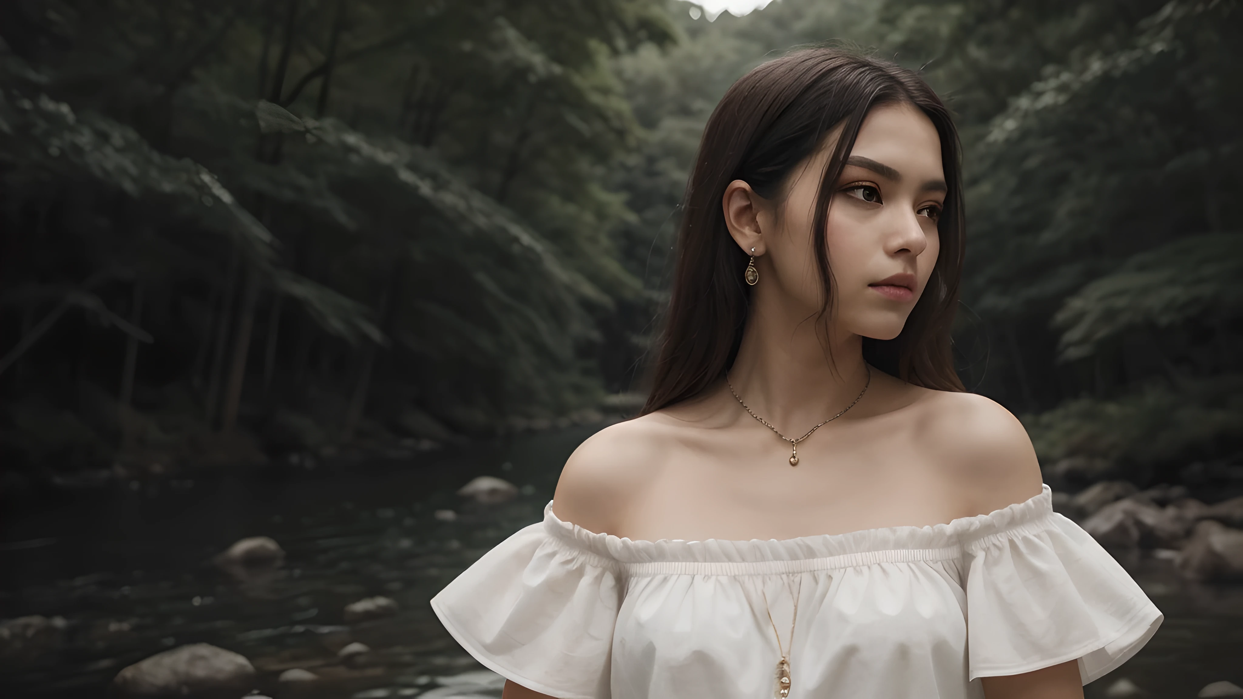 Medium shot of a woman with a thoughtful expression, Wearing darkness, off shoulder dress and single, Statement Jewelry, The background is out of focus、Features must be soft, warm tones, 1 female, The background is nature,