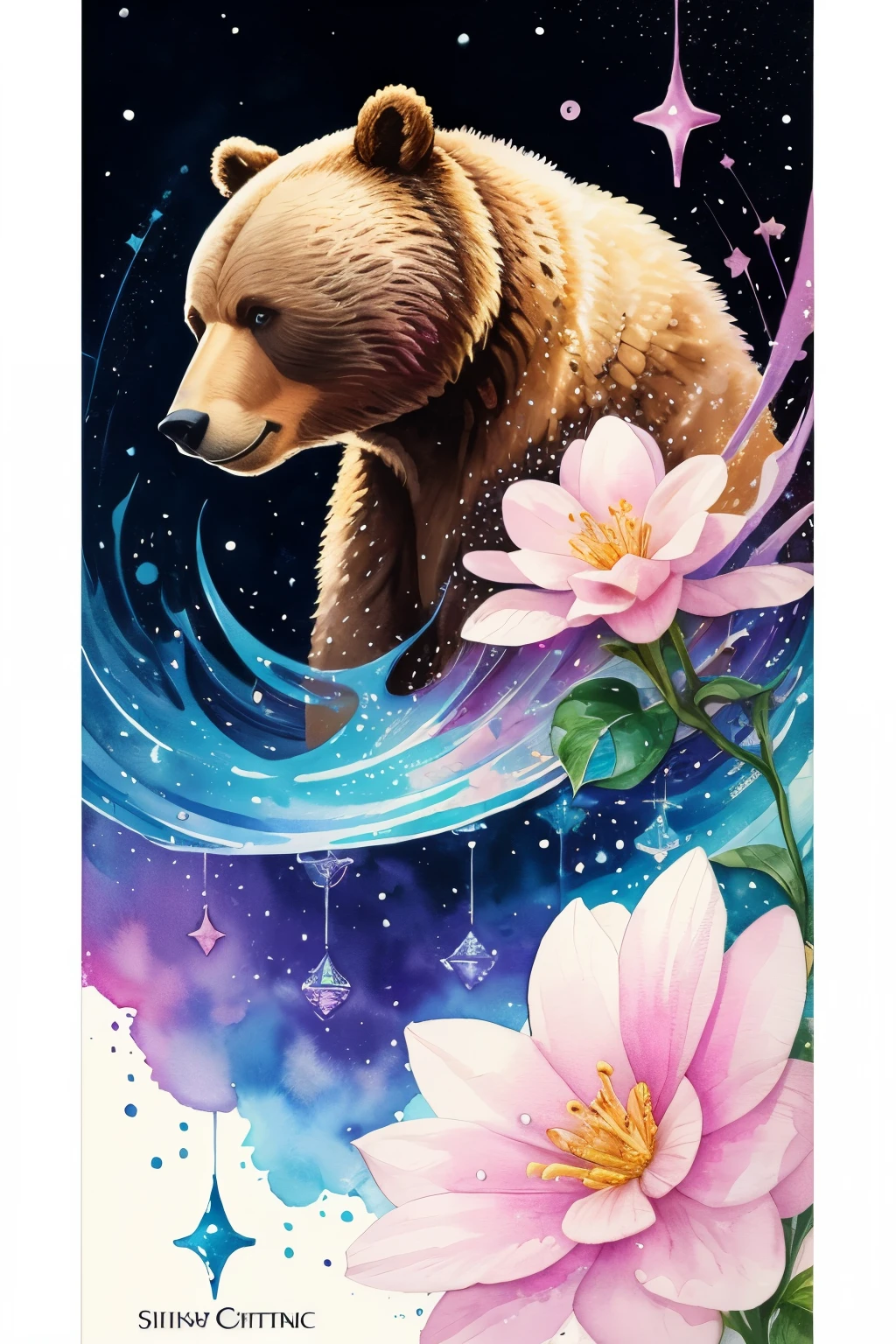 ((animal,watercolor painting,Bear,bear)),cool,beautiful,colorful flower art, front view, action shot, Bright colors, high detail, logo design, Neo-Traditional Tattoo Styles, 2D, planar vector, Character Design, fantasy art, watercolor paintingのテクニック,watercolor effect, glitter effect,colorful, Gentle water droplets floating on the petals,star, shine,tarot cards,digital painting, pop,fancy, sticker