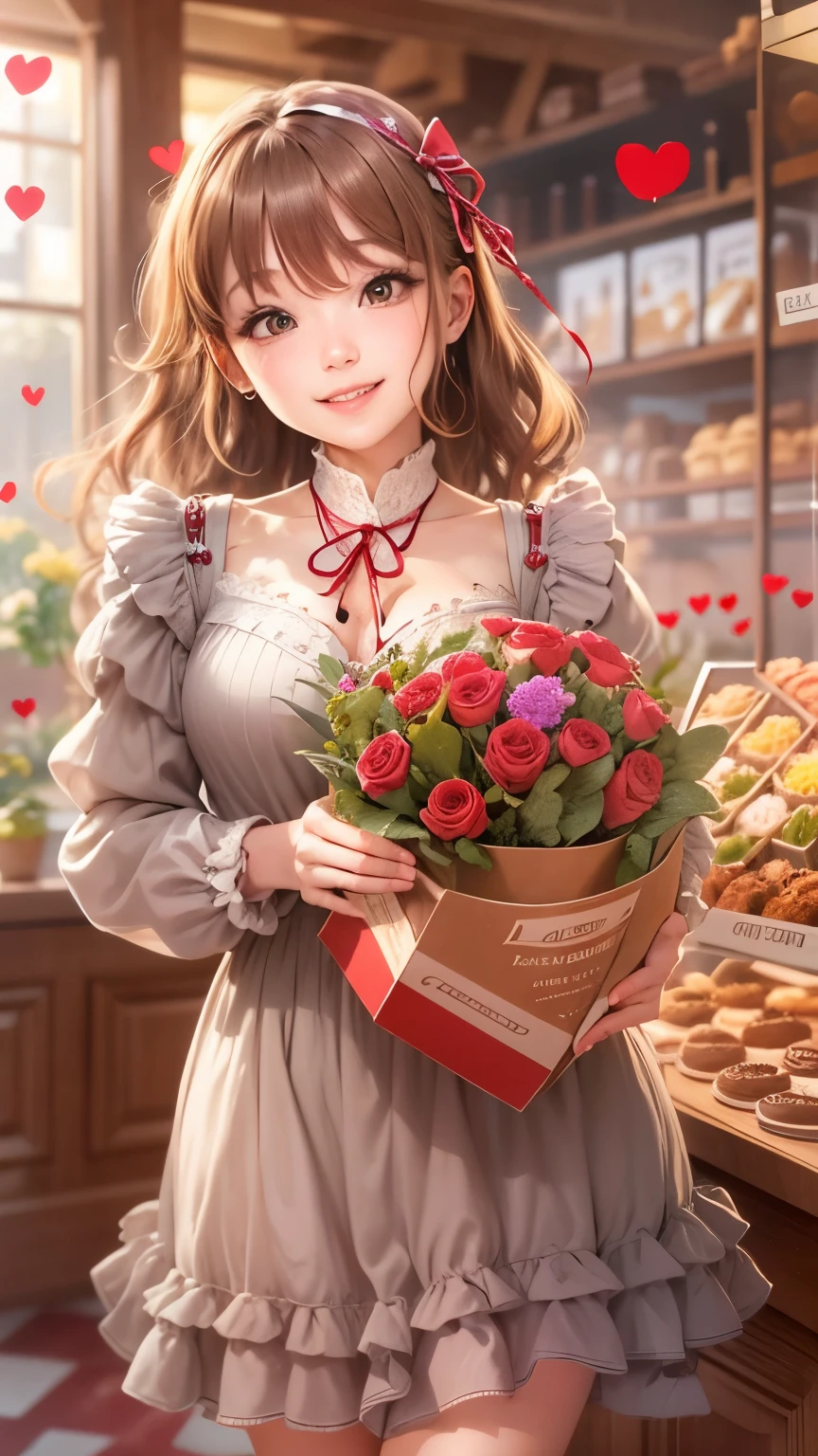valentine chocolate gifts、realistic、1 girl、cleavage、light brown hair、smile