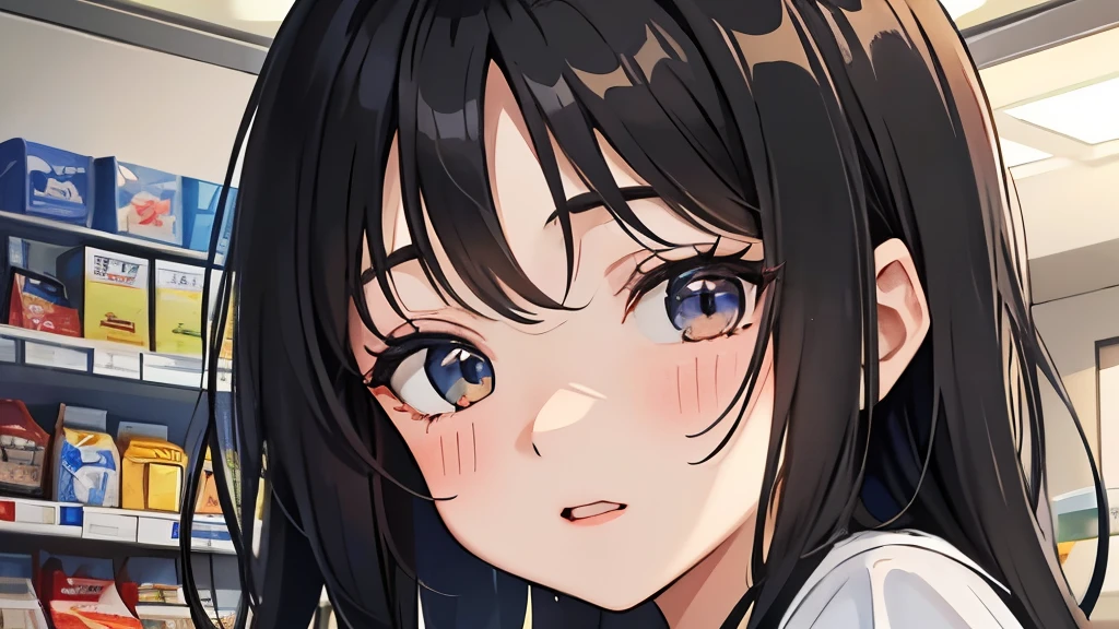 20-year-old、college age girl、Hair is black、long black hair、very cute、Convenience store clerk、working at a convenience store、Very embarrassed、face is red