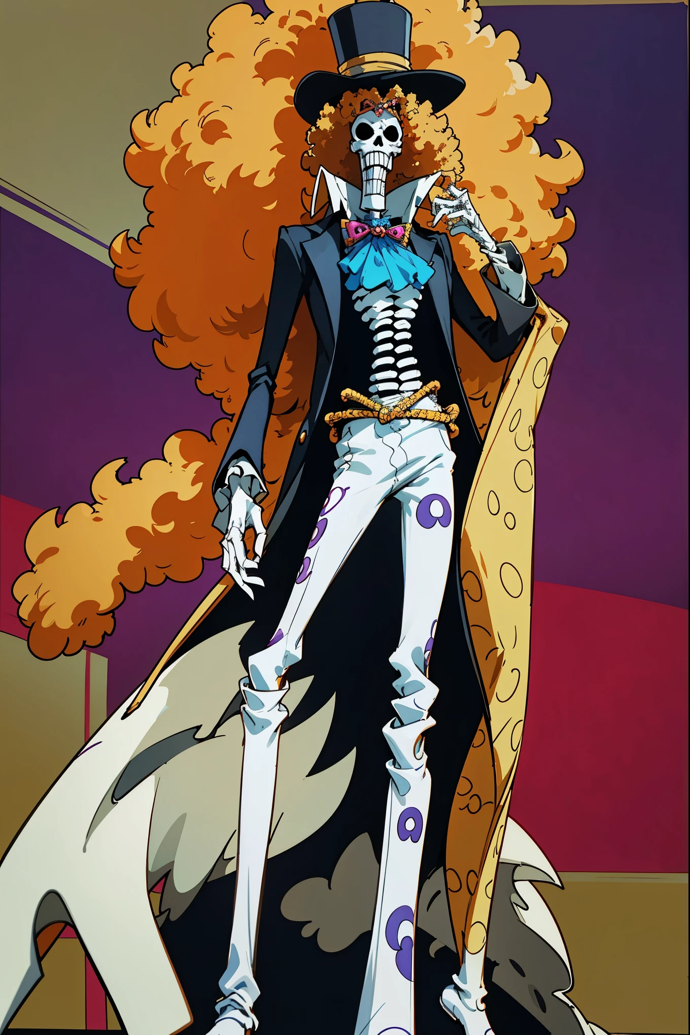 brook from one piece, man, skeleton. Brook is an extremely tall skeleton dressed in formal attire complete with top hat and cane. Standing at 266 cm in height. Despite having no skin, he still has an afro, in JOJO pose.