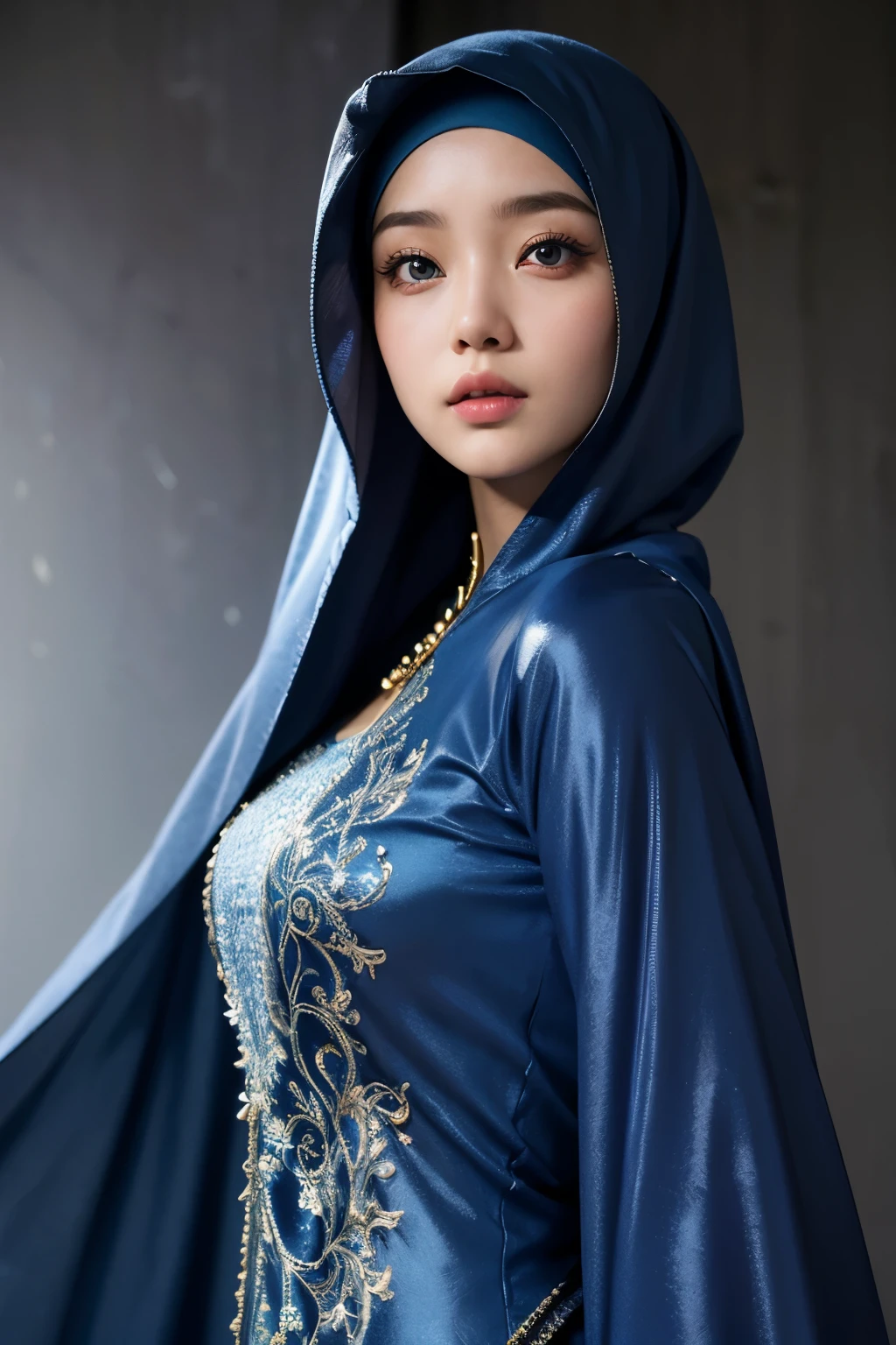 best quality, masterpiece, realistic:, luminate, beautiful muslim, hijab, twirling hijab, fully covered robe, 1 girl, blue hijab, blue eyes, Front, detailed face, beautiful eyes, close up shot, dark blue dress, tight dress, super shiny dress, ao dai dress, volumetric lighting, gorgeous body, moist skin, 50mm f1.4 lens, fully covered dress, ornamented robe, close up portrait, young face, cute asian face, 