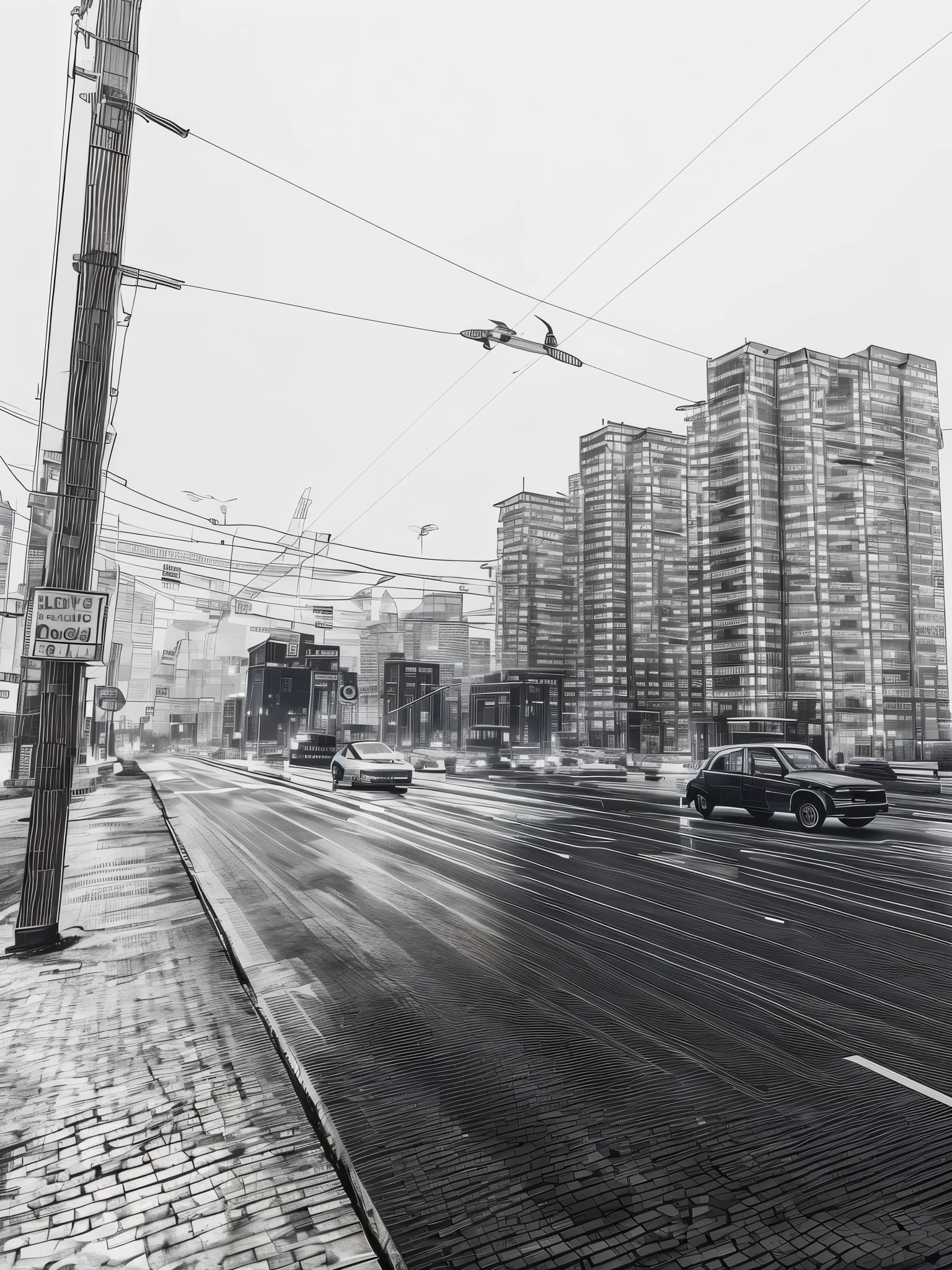 cars drive along a city street with tall buildings, Photo of the city, High rise building, cyberpunk, neon signs, flying cars, night city, sci fi