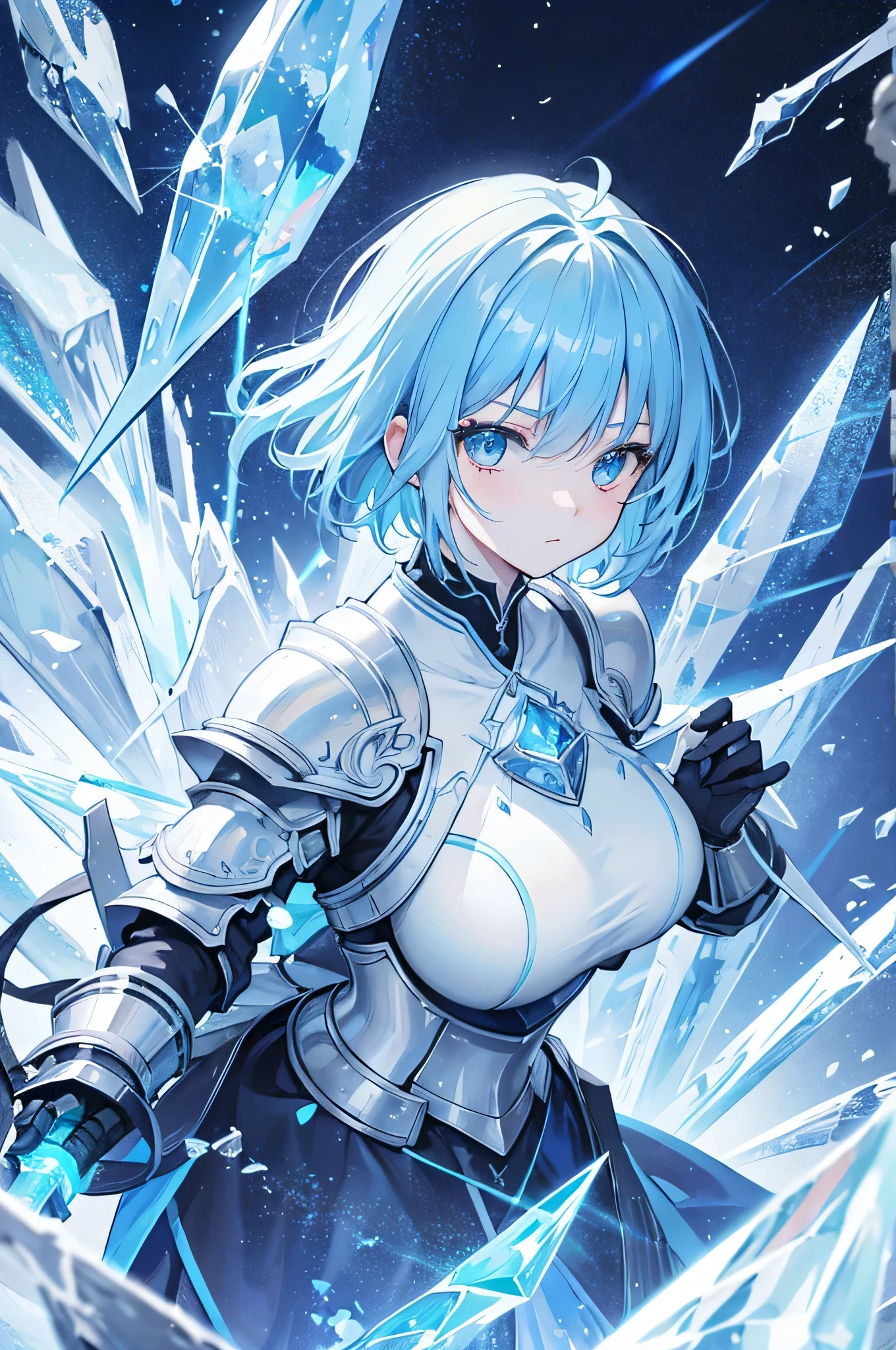 4K,High resolution,one woman,light blue hair,short hair,knight,Ice Crystal Heavy Armor,Crystal Sword,Castle e of ice,Aurora Background