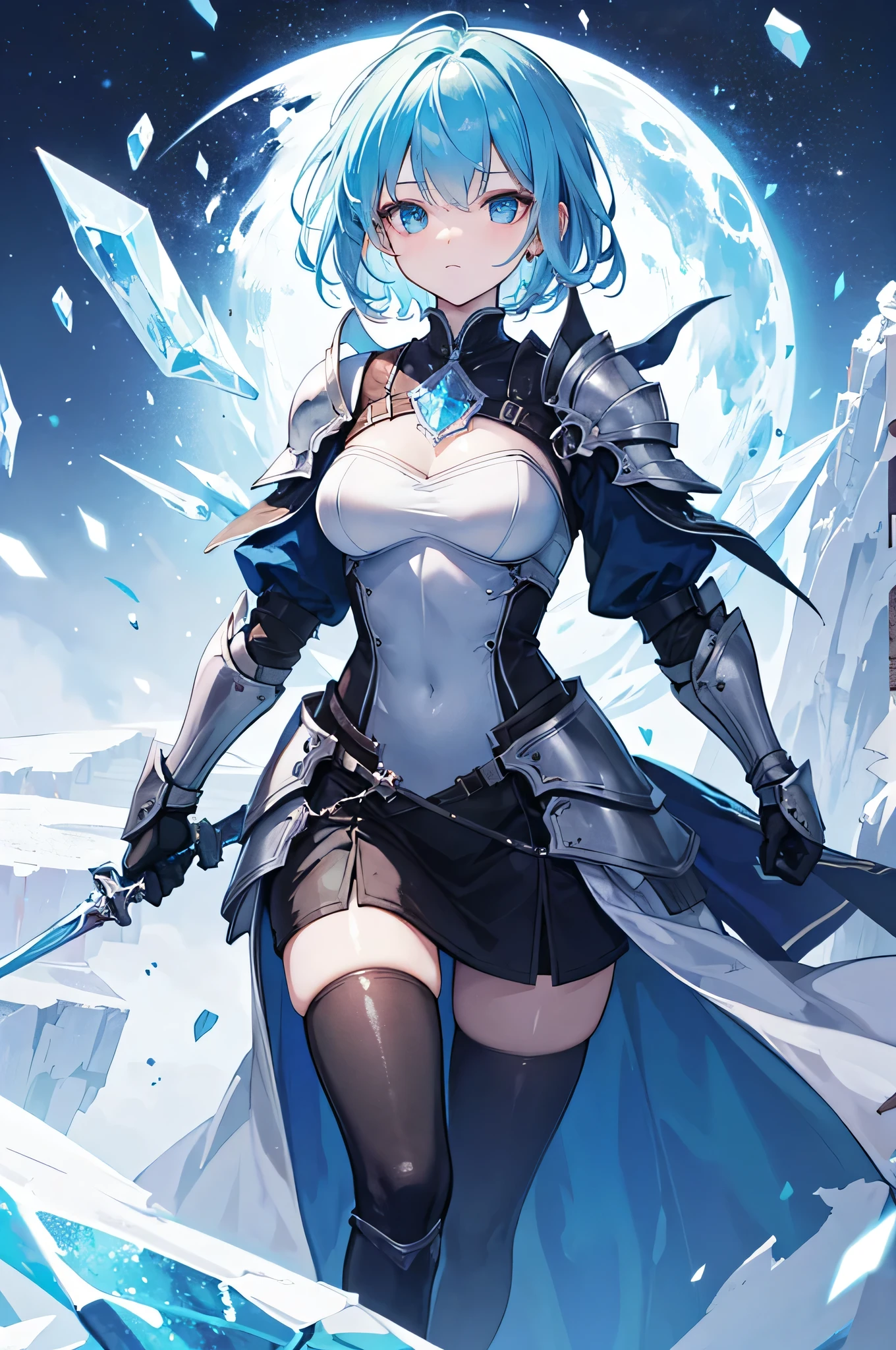 4K,High resolution,one woman,light blue hair,short hair,knight,Ice Crystal Heavy Armor,Crystal Sword,Castle made of ice,Aurora Background