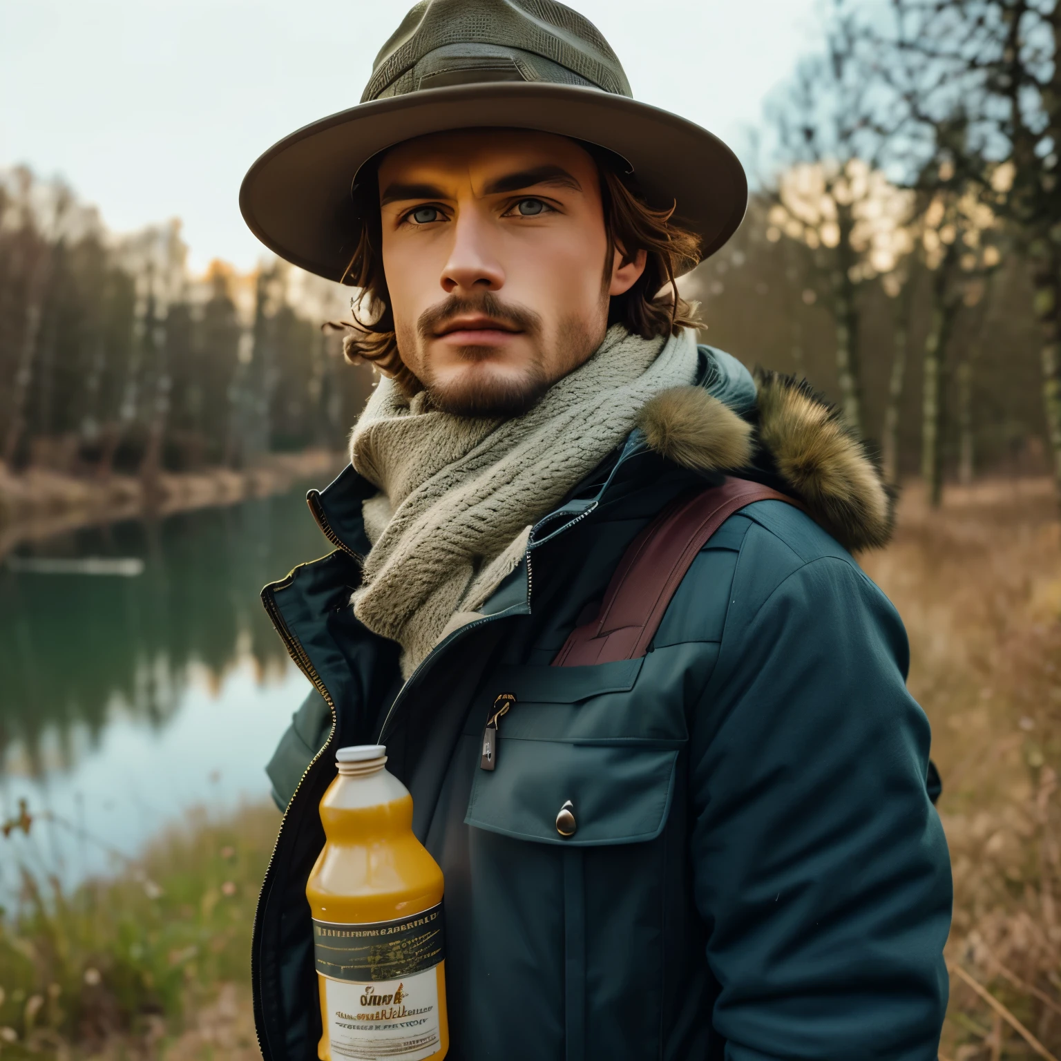 LeonRap 1 Mann((Upper body selfie, Happy)), Meisterwerk, best quality, ultradetailliert, Allein, Outside, (Nacht), Berge, Natur, (Sterne, Mond) heiter, Happy, Rucksack, Schlafsack, Campingkocher, Wasserflasche, Bergstiefel, Handschuhe, Pullover, hat, Taschenlampe, Wald, Felsen, Fluss, Holz, Rauch, Schatten, Kontrast, klarer Himmel, analoger Stil (Schau den Betrachter an:1.2) (Hauttextur) (Filmkorn:1.3), (warmer Farbton, warmer Ton)