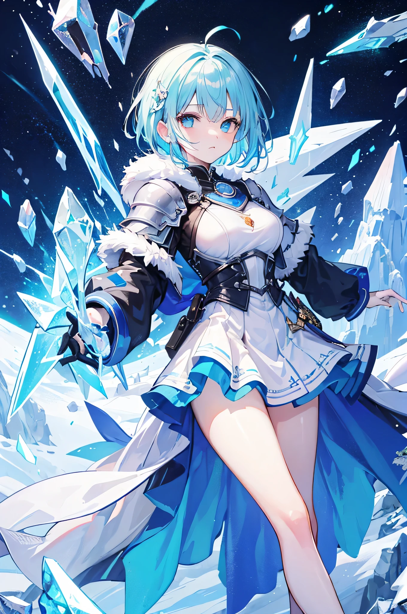 4K,High resolution,one woman,light blue hair,short hair,knight,Ice Crystal Heavy Armor,Crystal Sword,Castle made of ice,Aurora Background