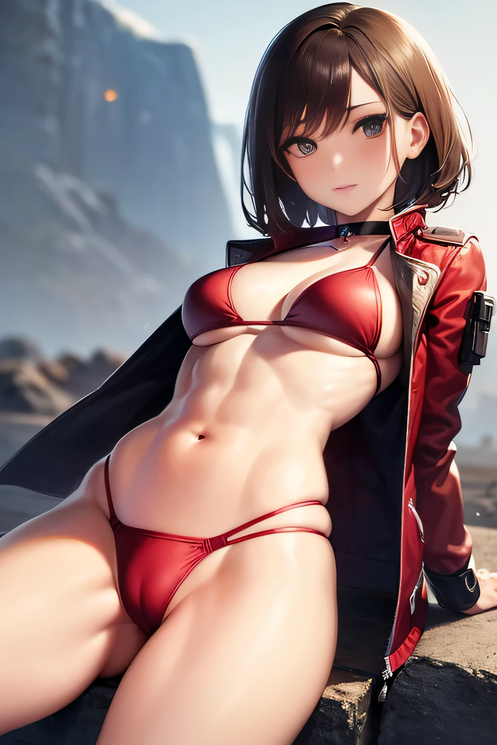 (photorealistic:1.5, highest quality,masterpiece,High resolution,muste piece),snow mountainに立つ1人の23歳の女性,cyber punk,(Red string bikini swimsuit:1.5,Down jacket:1.3,choker), detailed eyes:1.7,detailed eyes:1.8,beautiful skin:1.8, (looking at the camera:1.2),(Photo seen from the front bottom:1.3),(Short Hair:1.2,light brown hair:1.5), expression( Disdainful:1.3,blushing:1.3),Pause( Seductive pose:1.5),background(snow mountain:1.5,ruins,apocalyptic world),(Medium chest,slender, abs:1.2), (Underwear visible through clothing),(Butt visible through clothes),(detailed perfect face),normal hands:1.5,normal finger:1:5,normal feet:1.5,(cameltoe)