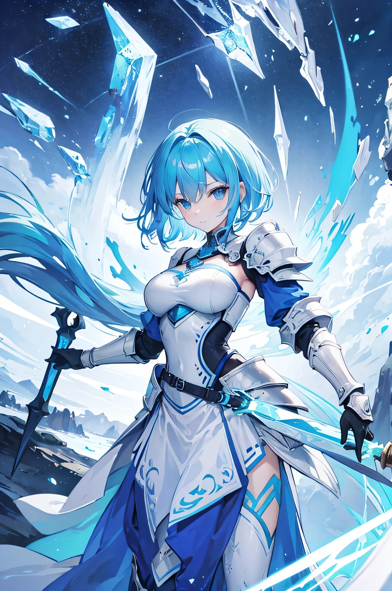 4K,High resolution,one woman,light blue hair,short hair,knight,Ice Crystal Heavy Armor,Crystal Sword,Castle made of ice,Aurora Background