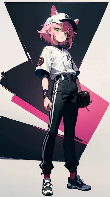 anime SPYxFAMILY，Anya Forger，pink hair,green eyes,5 ,Hair that only reaches shoulders，Full body pictureStand straight，Front view，
Stylish baseball uniform in black and white，stylish pants，Baseball cap with animal ears，fashion,Two dimensions，Board shoes，Cool cyber game style，flat chest，