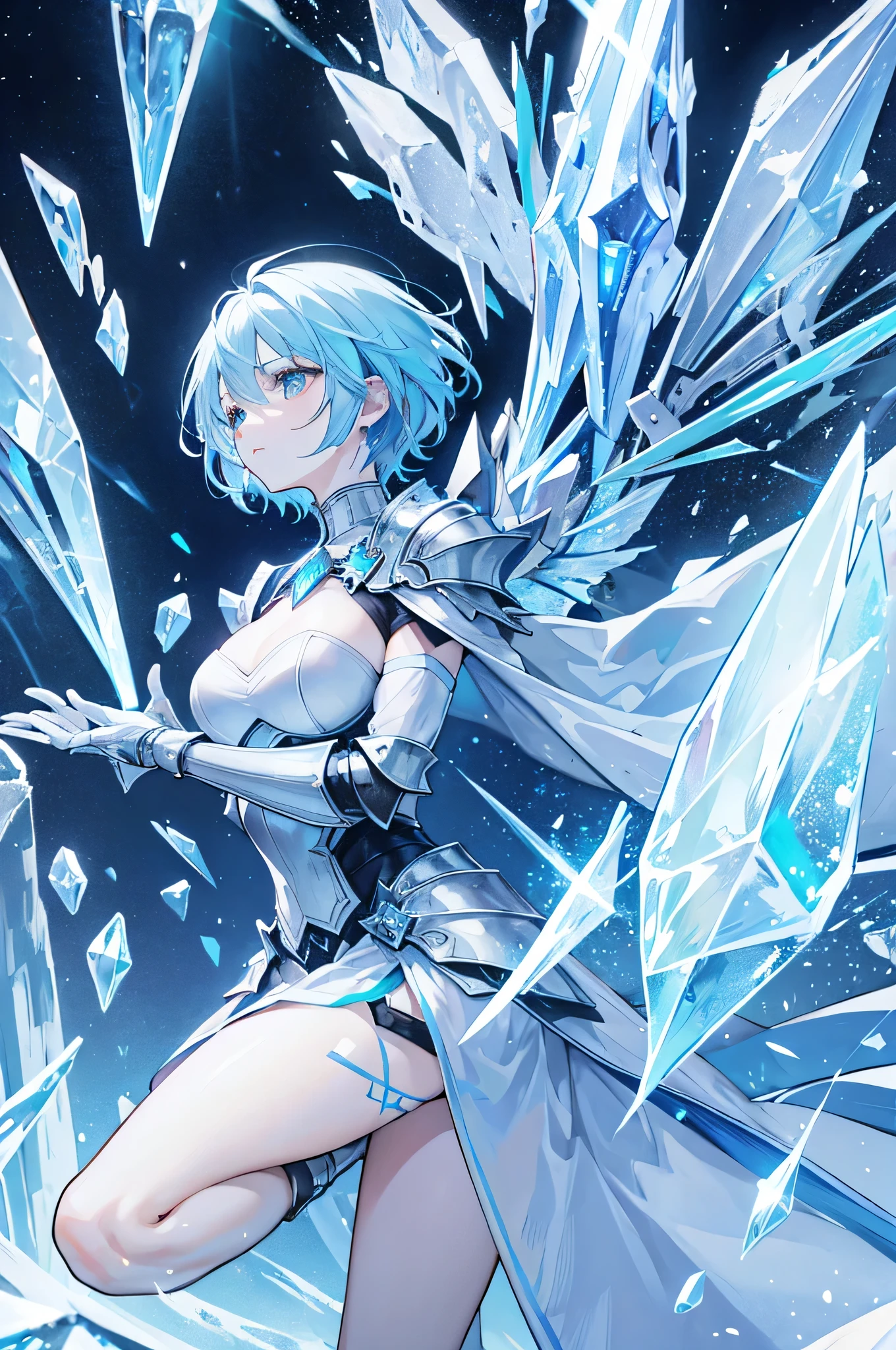 4K,High resolution,one woman,light blue hair,short hair,knight,Ice Crystal Heavy Armor,Crystal Sword,Castle made of ice,Aurora Background