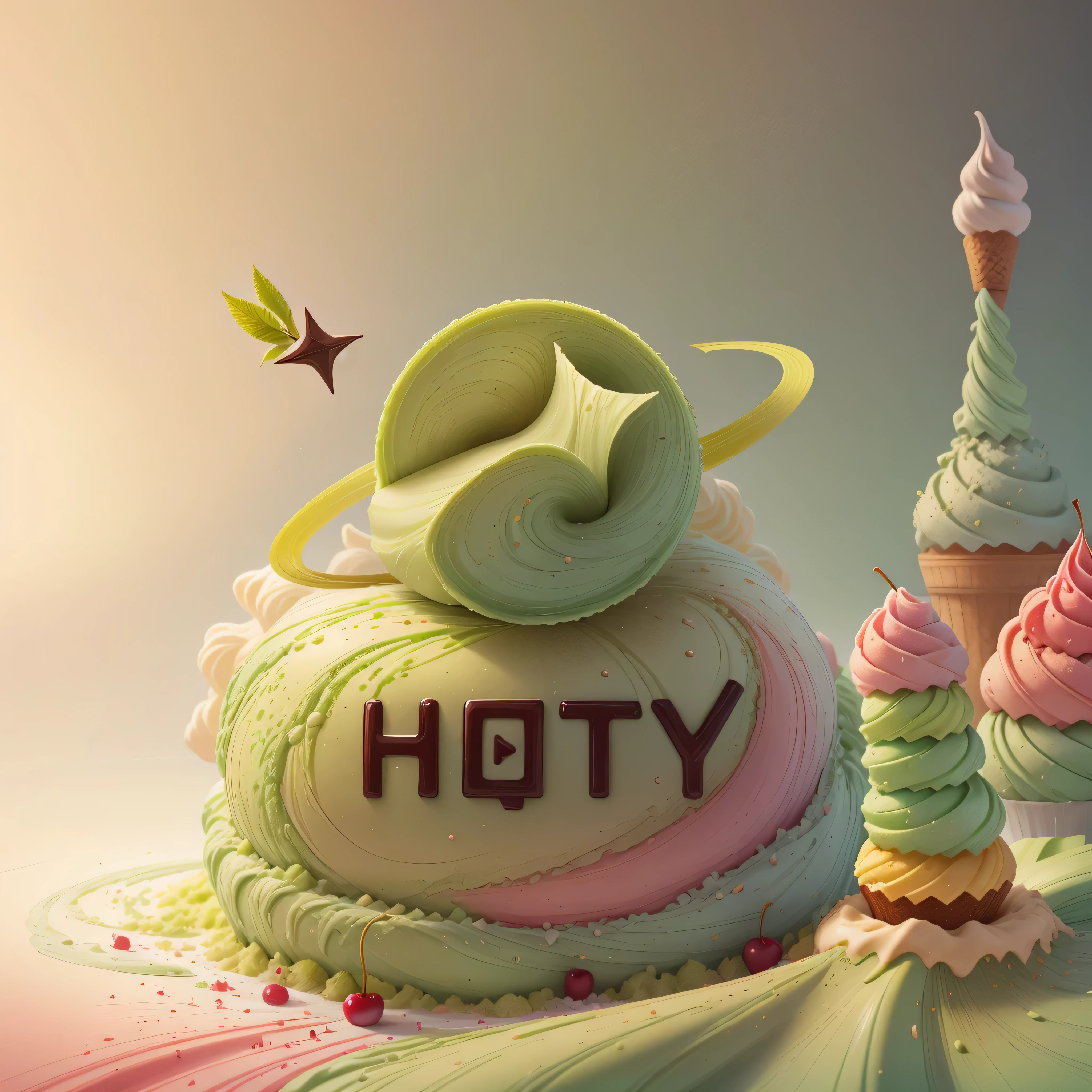 Matcha Ice Cream Cone,Top with dark chocolate sauce,soft,delicious, panoramic,Vibrant green background,Realistic and detailed images,Ultra-clear,best quality,Food wallpaper,cherry