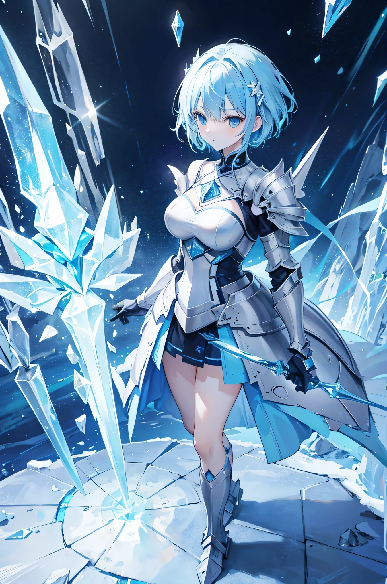 4K,High resolution,one woman,light blue hair,short hair,knight,Ice Crystal Heavy Armor,Crystal Sword,Castle made of ice,Aurora Background
