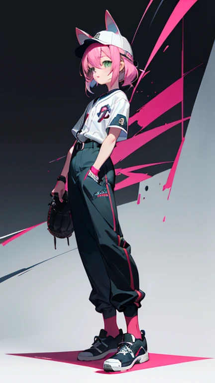 anime SPYxFAMILY，Anya Forger，pink hair,green eyes,5 years old,Hair that only reaches shoulders，Full body pictureStand straight，Stylish baseball uniform in black and white, front view，stylish pants，Baseball cap with animal ears，fashion,Two dimensions，Board shoes，Cool cyber game style，flat chest，