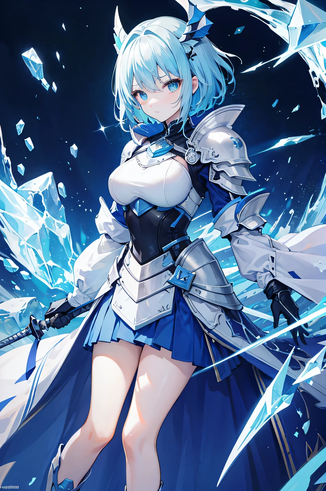 4K,High resolution,one woman,light blue hair,short hair,knight,Ice Crystal Heavy Armor,Long sword,Castle made of ice,Aurora Background