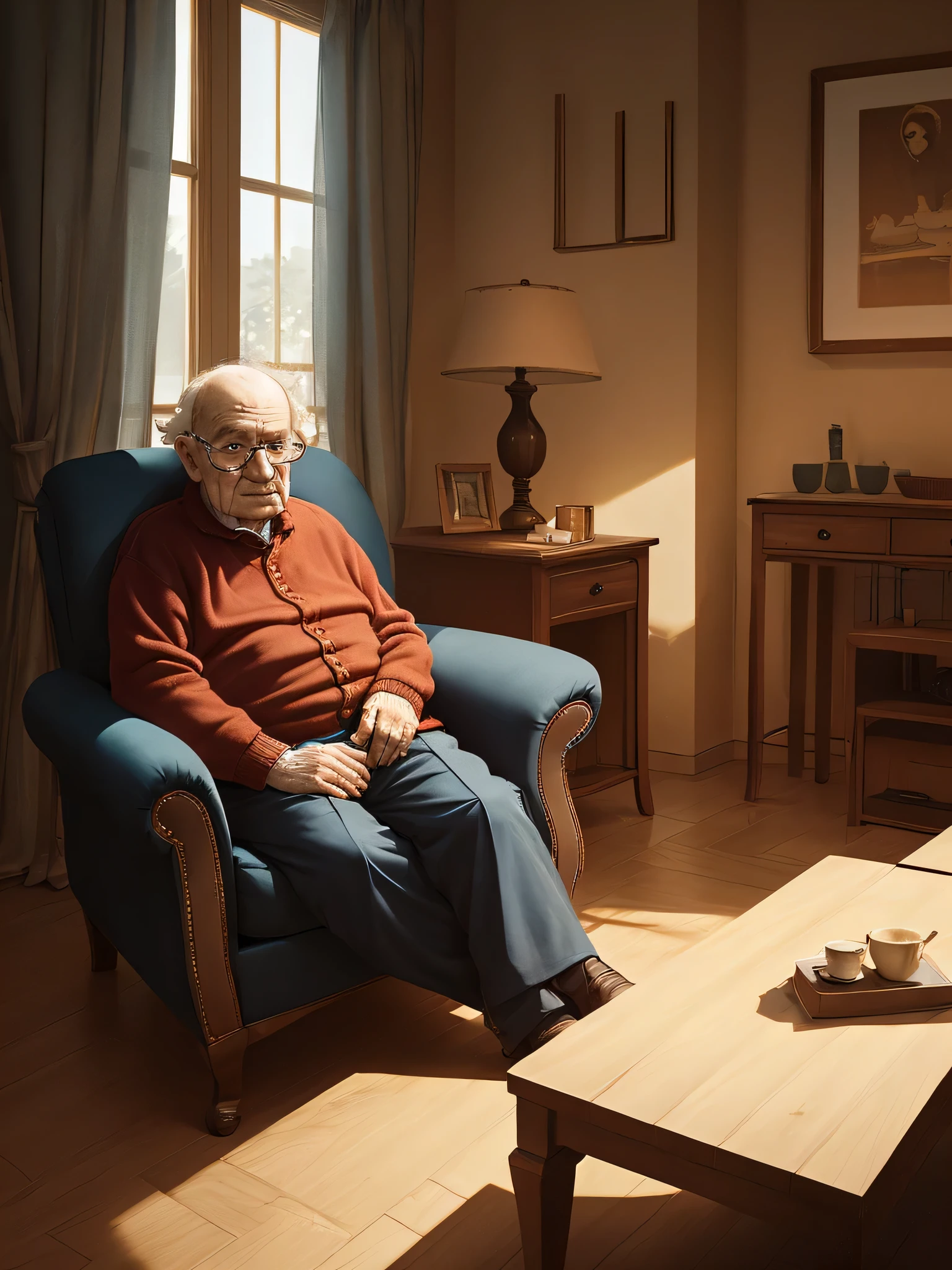 A cozy living room with soft lighting and comfortable furniture, focusing on a old person Martin sitting in an armchair while holding a smartphone with a puzzled expression.