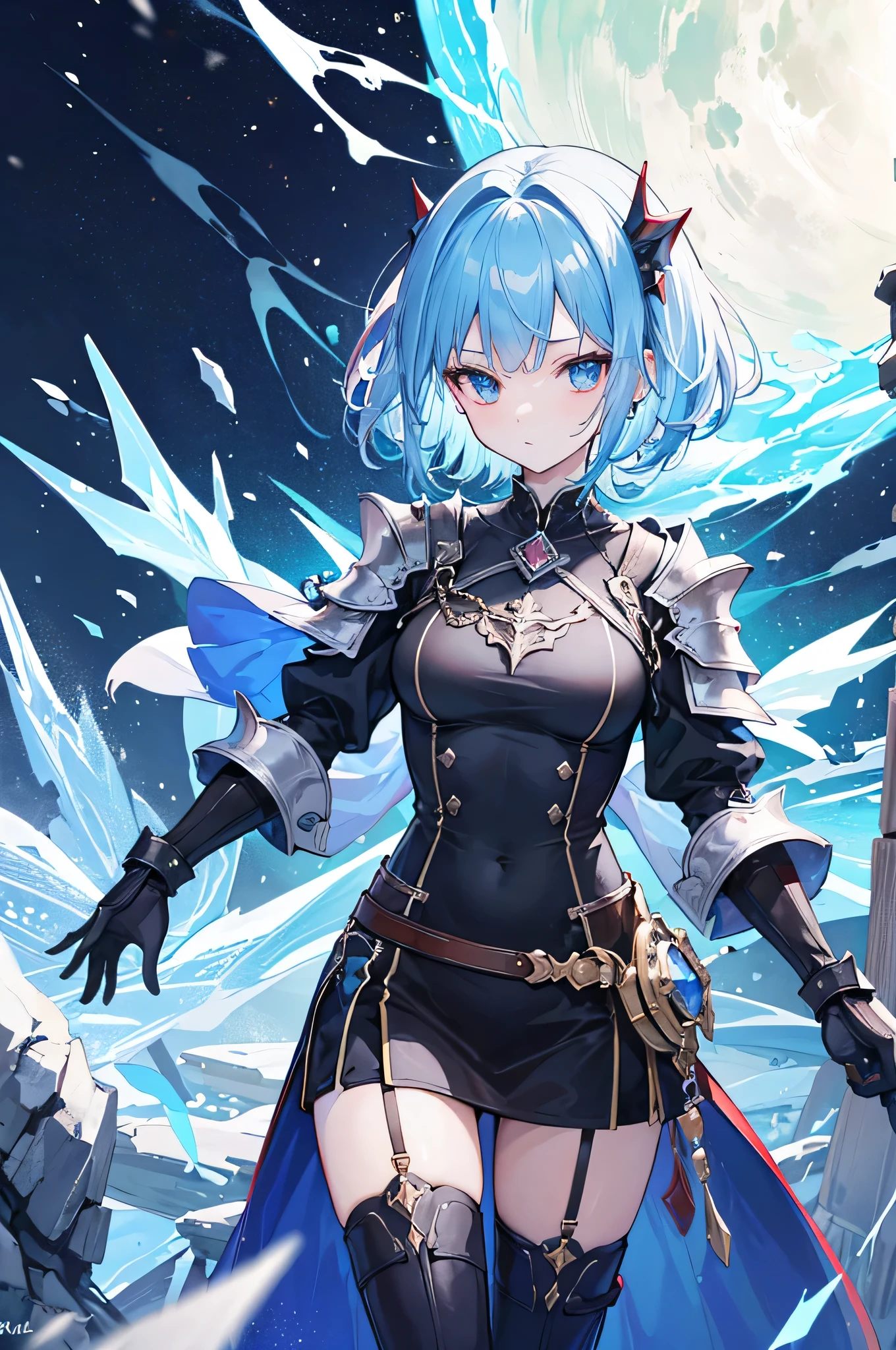 4K,High resolution,one woman,light blue hair,short hair,knight,Ice Crystal Heavy Armor,Long sword,Castle made of ice,Aurora Background