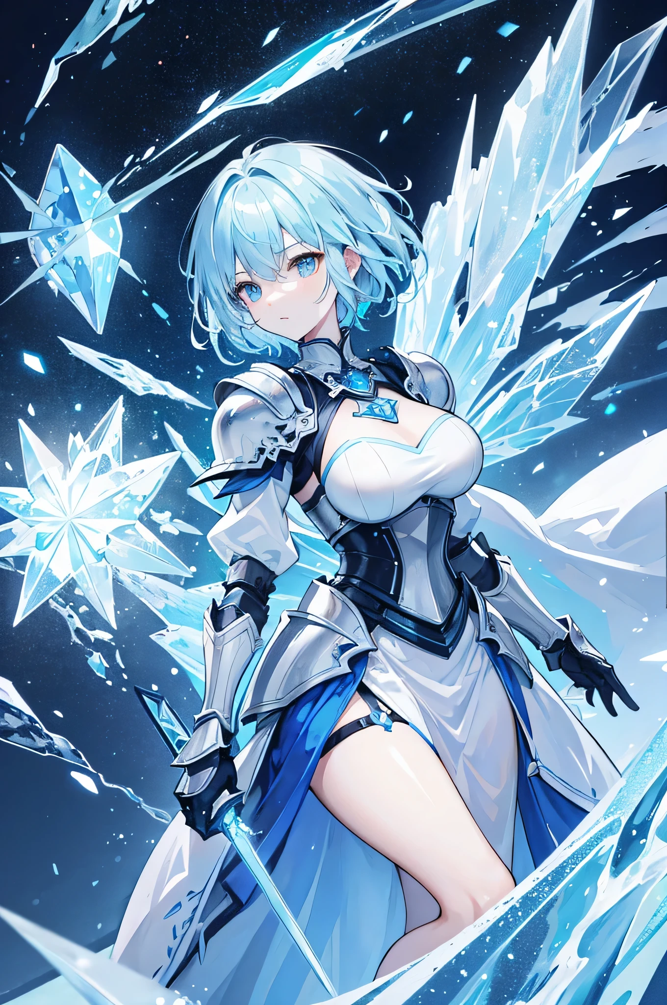 4K,High resolution,one woman,light blue hair,short hair,knight,Ice Crystal Heavy Armor,Crystal Sword,Castle made of ice,Aurora Background