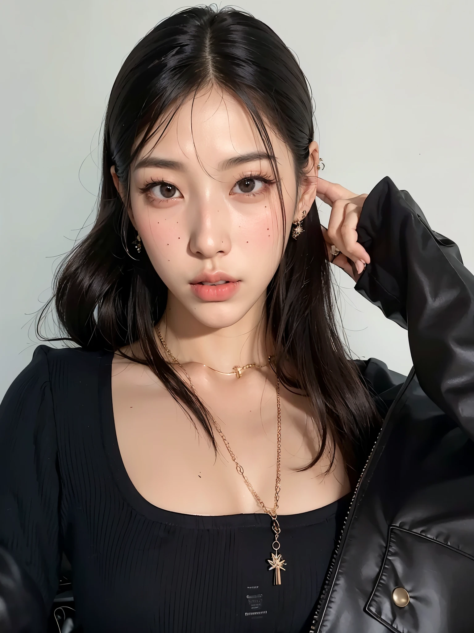 Araffe Asian woman with long black hair wearing a black top, Ulzzang, cruel korean goth girl, linda jovem coreana, maquiagem sul-coreana popular, Portrait of female Korean idol,  coreana, maquiagem coreana popular, Retrato de Jossi do Blackpink, linda mulher sul-coreana, Sun Yunjoo, Yanjun Chengt, linda jovem coreana, Xisionwu