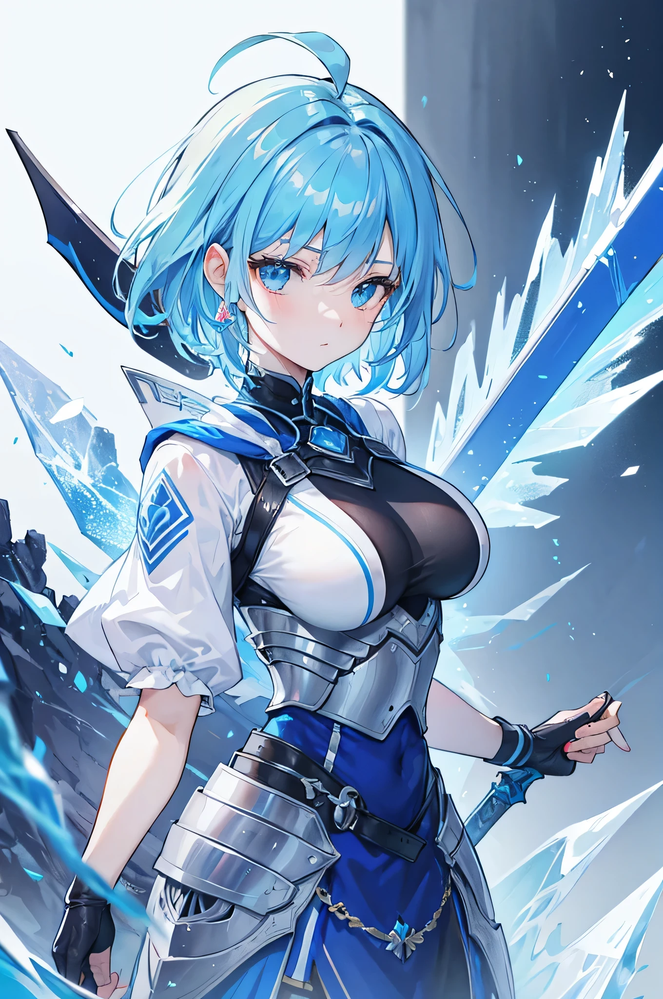 4K,High resolution,one woman,light blue hair,short hair,knight,Ice Crystal Heavy Armor,Long sword,Castle made of ice,Aurora Background