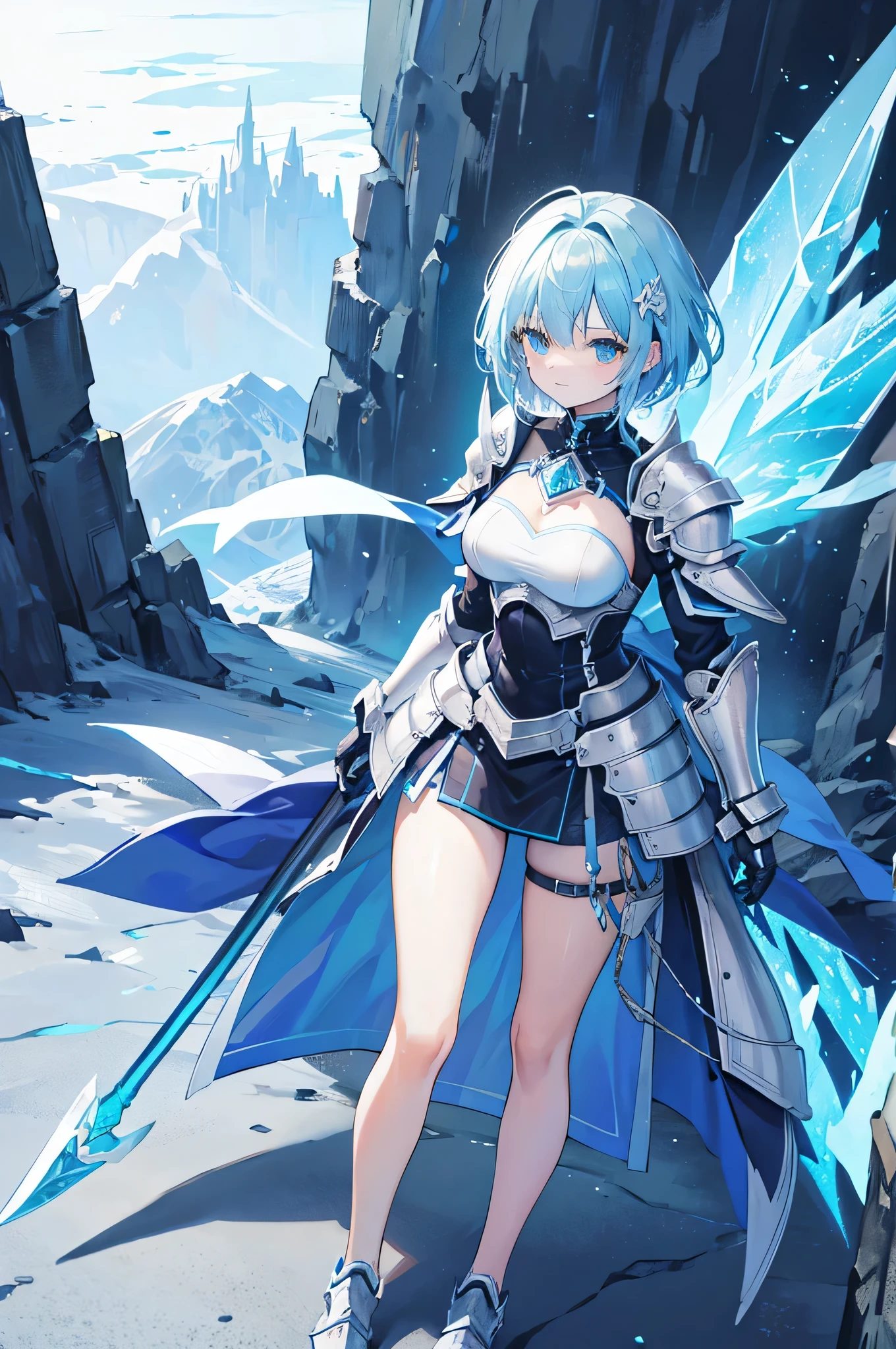 4K,High resolution,one woman,light blue hair,short hair,knight,Ice Crystal Heavy Armor,Long sword,Castle made of ice,Aurora Background