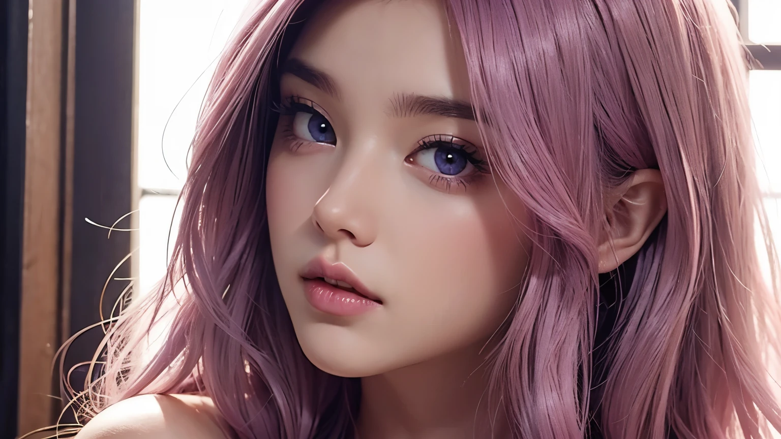 A girl with long light pink soft purple hair, blushing, good quality, detailed beauty face