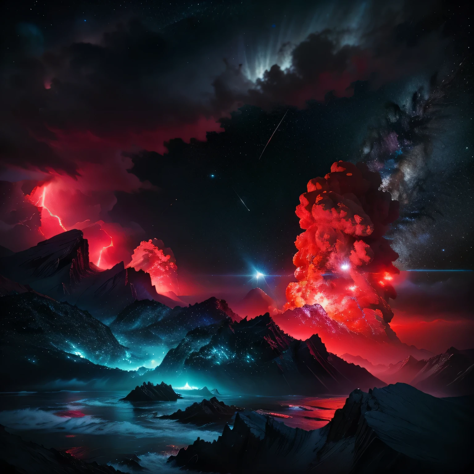 (a volcano erupts:1.37), (volcanoes:1.1),(Background with:Lunar surface),(The volcano blends perfectly with the moon:1.3) ,Hot magma,Scorched black rock, (Sky volcanic ash),(rolling waves:1.0),Fire red sky,destroy,Epic graphics,shocking effects,,Photography,Barnett S........,Photorealism,Imaginative,Otherworldly,Image from the work of Darren Aronofsky,Quixel Megascans Render,The picture is from Roger Deakins's work,Bottom view,Beautiful lighting, --AR 9:16 --V 5.2 --Upper Beta --Stop 80