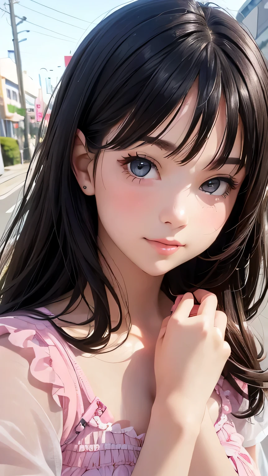 Girl in spring clothes, top shot,((self snap)), random background, kiss, beautiful, flirty look, ((very detailed)), (perfectly detailed face), (well detailed hands), photorealistic images.