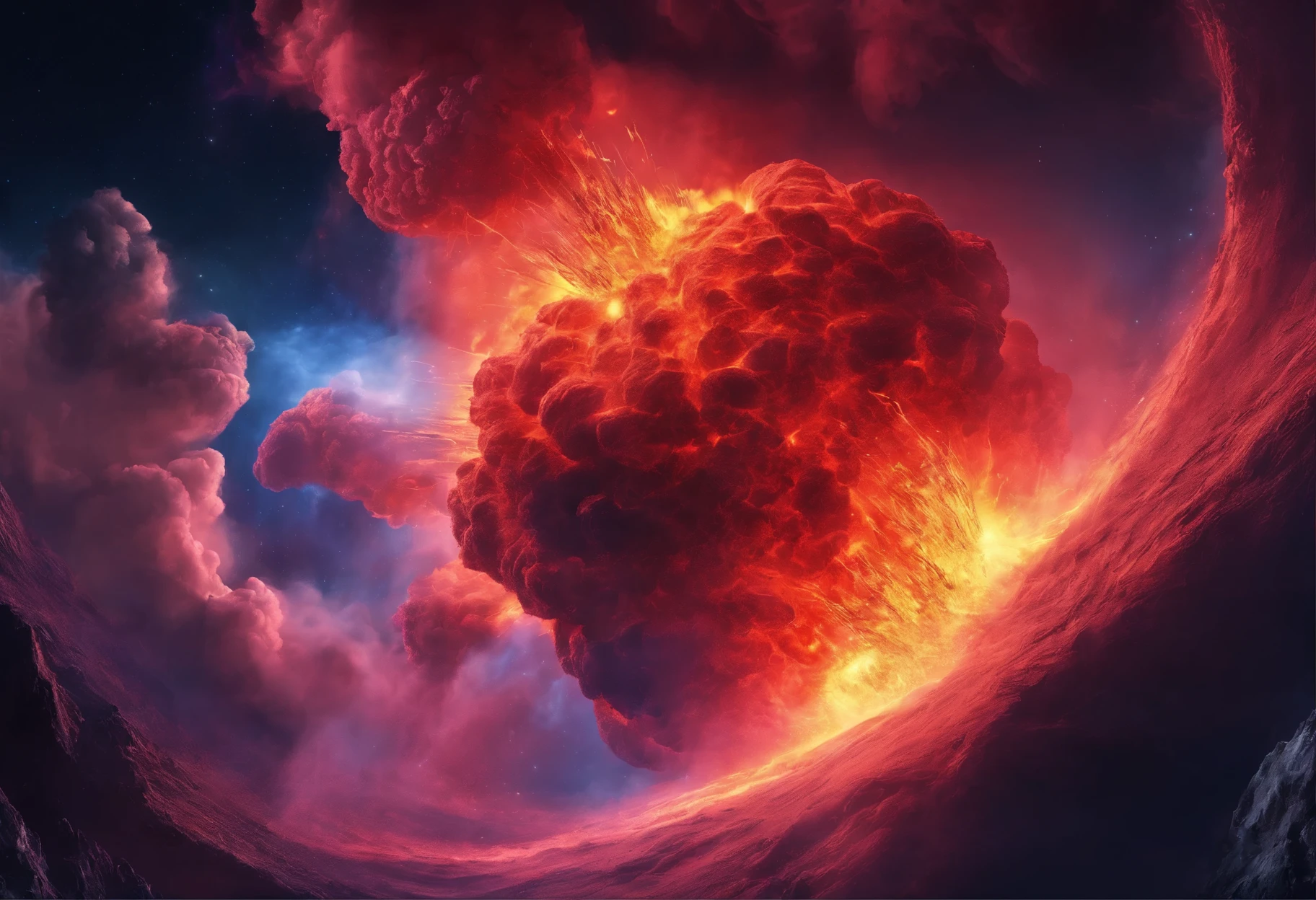 （a volcano erupts:1.37）, (volcanoes：1.1）， ,Hot magma，Scorched black rock， (Sky volcanic ash），（rolling waves：1.0），Fire red sky，destroy，Epic graphics，shocking effects，,Photography,Barnett S....,Photorealism,Imaginative,Otherworldly,Image from the work of Darren Aronofsky,Quixel Megascans Render,The picture is from Roger Deakins's work,Bottom view,Beautiful lighting, --AR 9:16 --V 5.2 --Upper Beta --Stop 80