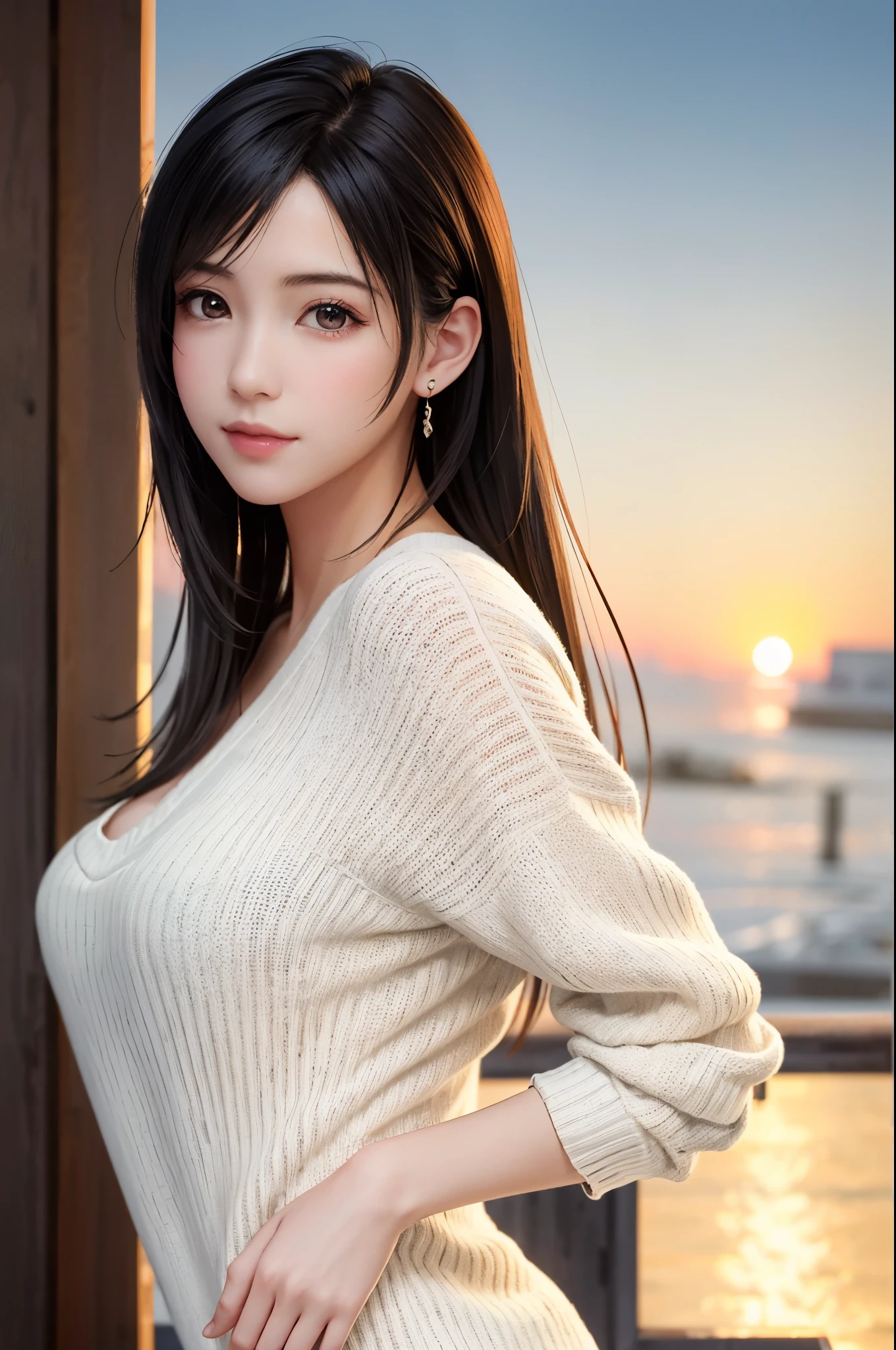 (Top Quality, Masterpiece: 1.1), (Realistic: 1.3), Wallpapers, ultra high res, ultra high quality,  BREAK (((FF7,Tifa_lockhart))),Ultra-detailed face, Detailed eyes,(black Brown Hair, Large breasts: 1.2),(Imaginative Macanese Female Page, background is Unique The Tablets of Stone, at Sunrise), side view:1.2, BREAK (wearing oversized loose sweater, Exquisite cloth, white Clothes, sexy sweater:1.3), clothed, (No Bra) ,(Small and beautiful hard nipple),(shiny oiled skin: 1.1), about 18 years old, BREAK  smile, kawaii,(gravure pose:1.2),cowboy shot 