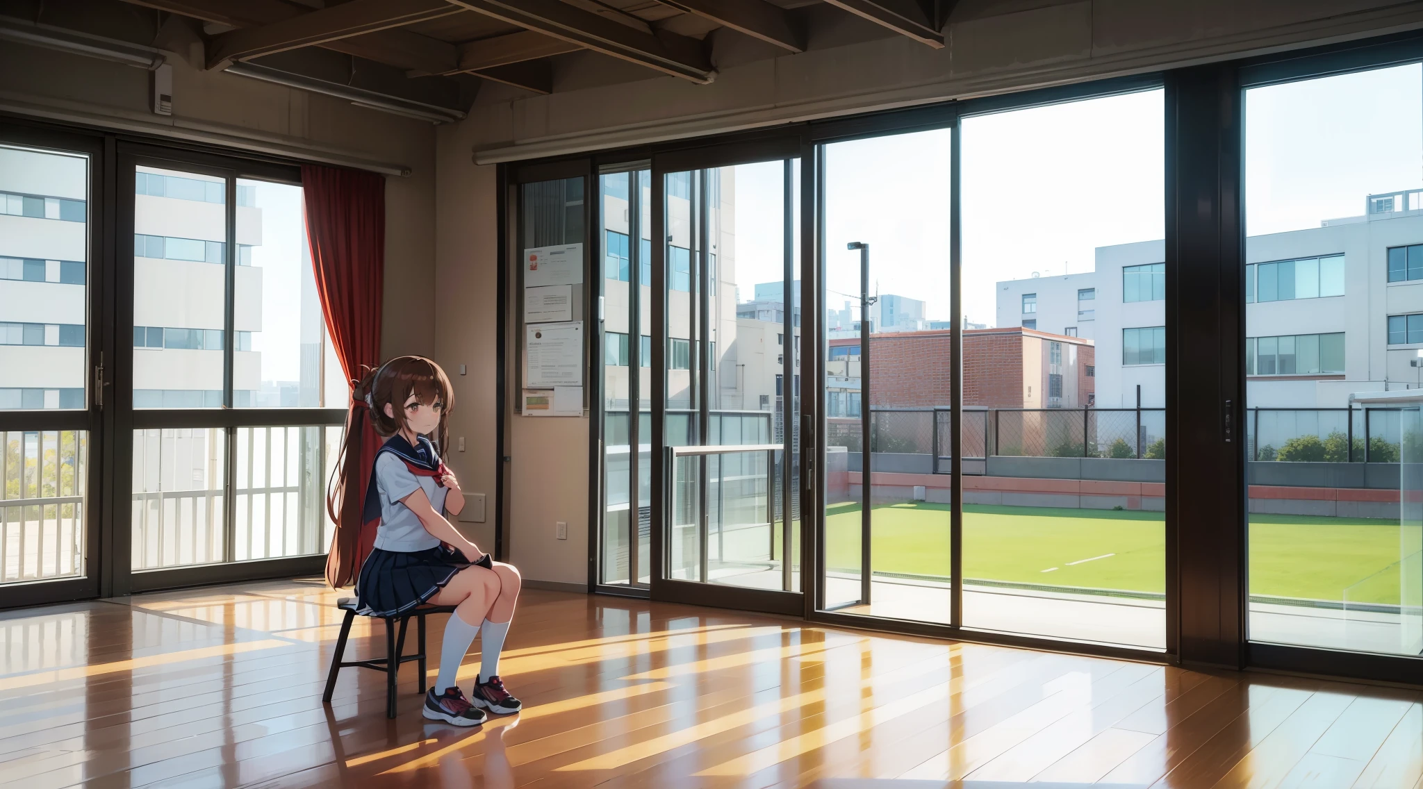 gymnasium with windows,center image,Detailed photos,single building,frontage,modern gymnasium,Architecture concepts,Entire building,Sports facilities,actual sina,I am sitting on the floor of the school gymnasium and observing classes because I am not feeling well.,(masterpiece, best quality:1.2),illustration,8k,hd,1girl,solo,upper body,(portrait:1.2),brown_hair,folded_ponytail,brown_eyes,serafuku,long_hair,school_uniform,skirt,pleated_skirt,
