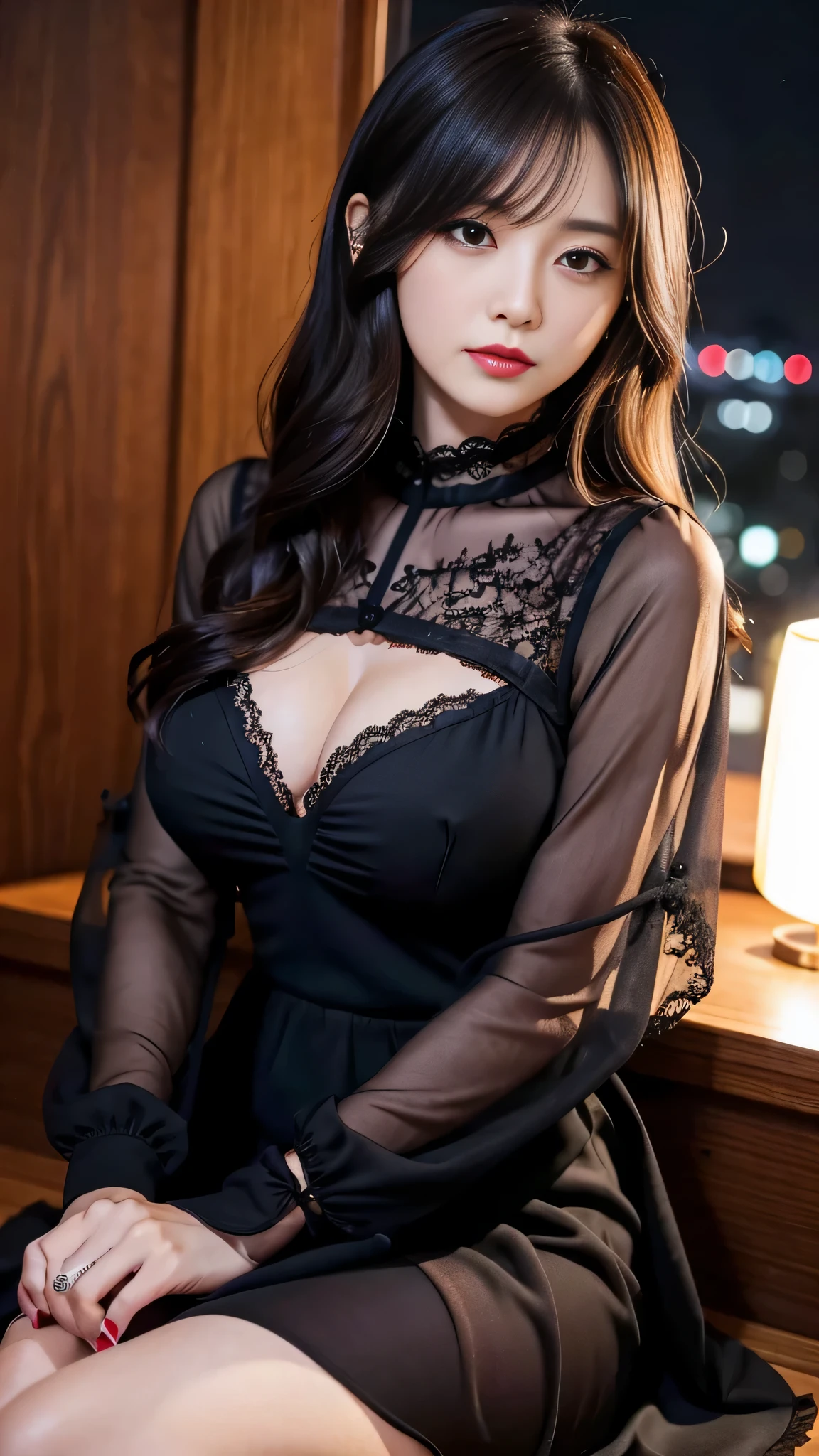 Super detailed、Japanese、charming beauty、seductive adult woman、Dainty woman、sharp eyes、cool girl、wavy hair、suit、Black chiffon、lacy fabric、wide sleeve、wearing a lace insert dress、white blouse、Tight Skirt、skin color pantyhose、Shiny legs、evilの幹部、evil depravity、brainwashing、Mind control、lipstick、grin、邪evilなな表情、evil、empty eyes、邪evilな、Church at night、reach out